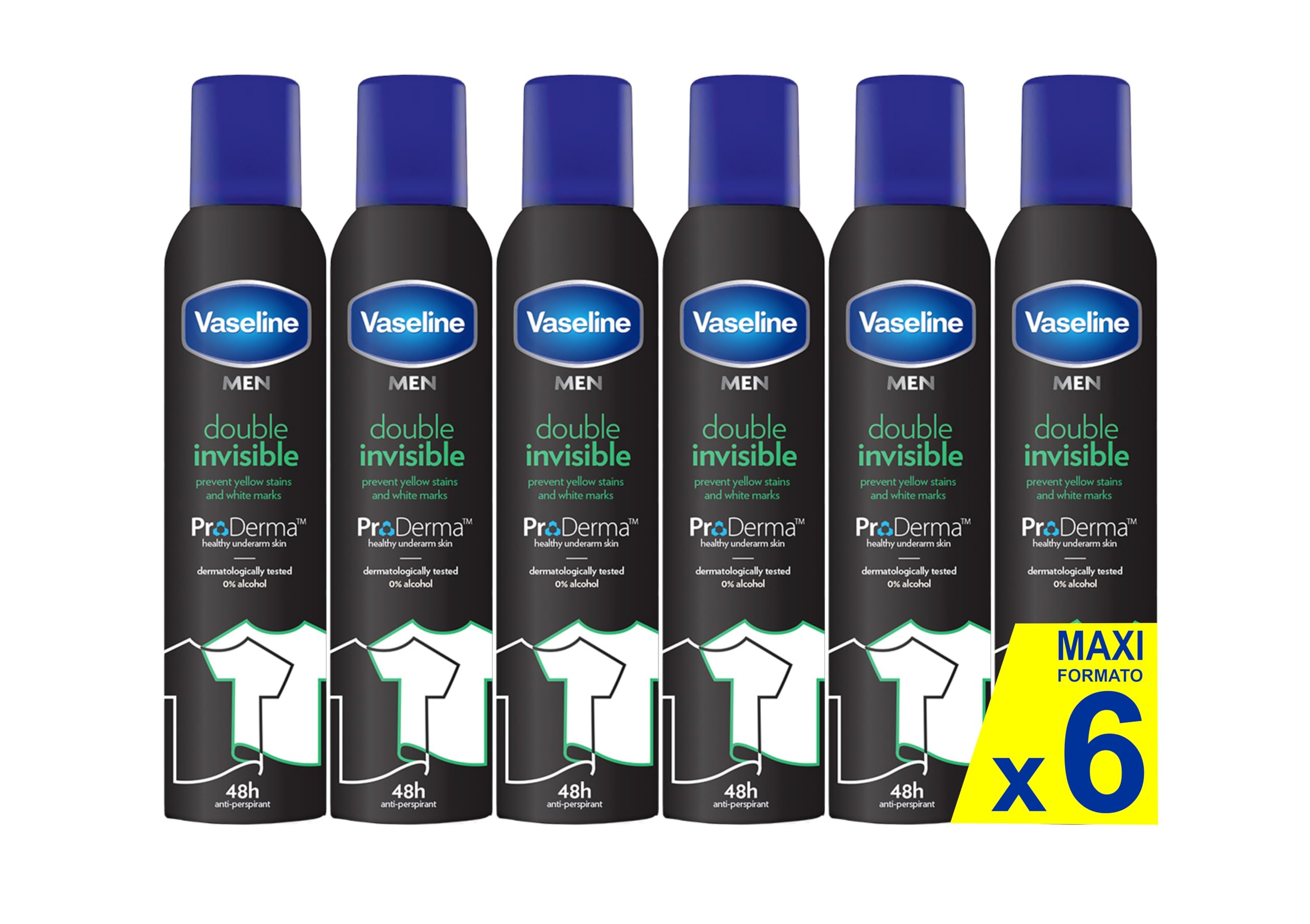 Vaseline Double Invisible (męski) Pro-derma Spray Antyperspirant 250 ml | 48 h ochrona przed potem i długotrwała świeżość, 6 sztuk