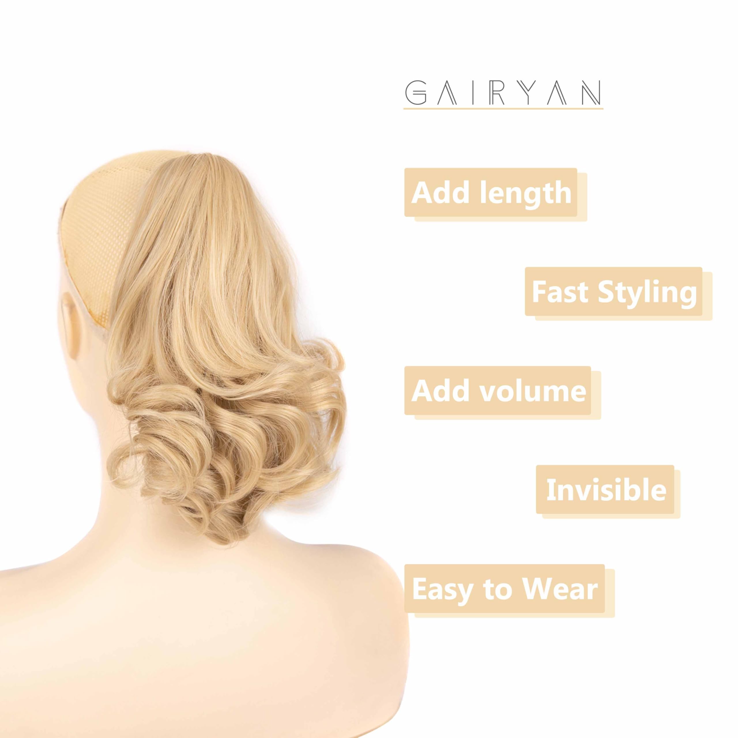 Gairyan 10" Clip in Ponytail Hair Extensions Curly Ponytail Extension Claw on Pony tails Wavy Synthetic Hairpieces for Women Real Natural Short Wave Ash Blonde mix Bleach Blonde - Image 4