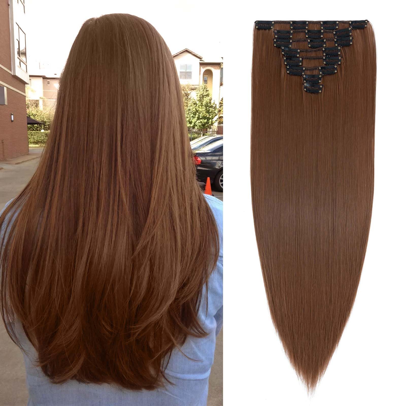 SEGOHAIR Hair Extensions Clip in 8Pcs 18 Clips Synthetic Fiber Seamless 23" Long Straight Full Head - Light Auburn