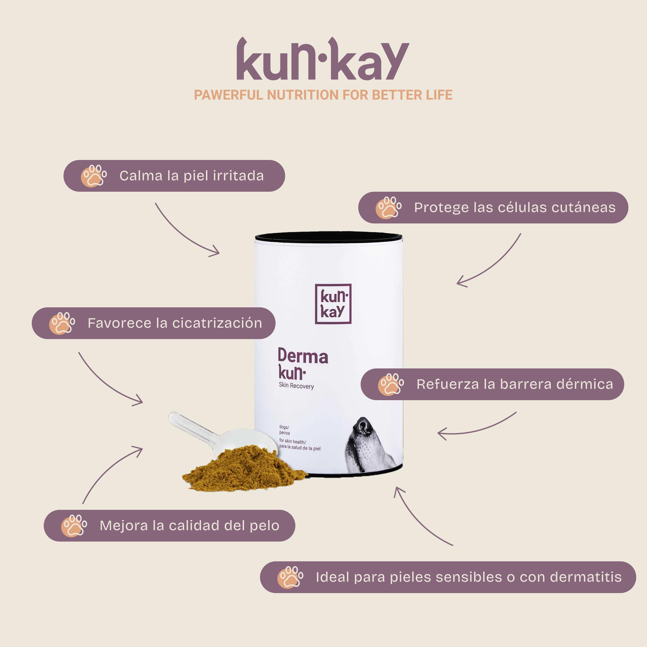 Suplemento Natural para Perros con Dermatitis, picores o caída del Pelo – Dermakun 260 g. con Omega 3, Biotina, Curcumina y Zinc – Mejora Piel y Pelaje