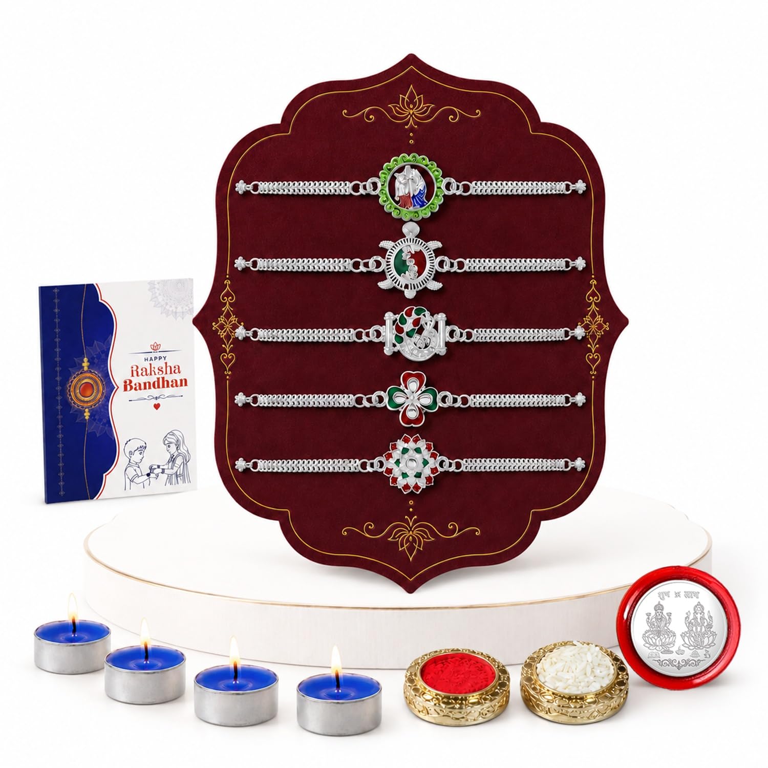 Rakhi for Brother Set of 5 – Silver Color Pooja Coin & Tilak Set with Greeting Card – Designer Rakhi for Bhai, Bhabhi & Kids – Unique Pattern Combo Pack for Raksha Bandhan Festival (PR_K5_NC96)-image-31