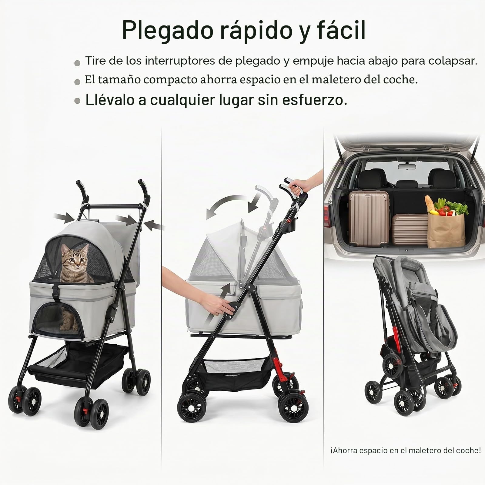 Cochecito para perros plegable hasta 20 kg, 3 en 1 con cesta de almacenamiento extraíble para perros pequeños y gatos, carrito para perros con ruedas giratorias de 360 ° y ventanas de red, cochecito