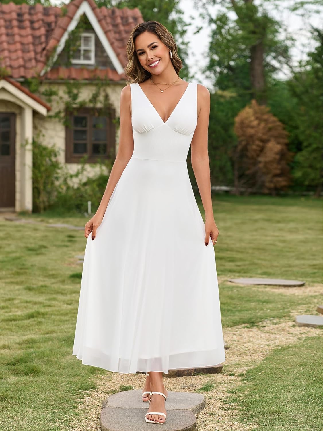 EYNMIN Summer Wedding Guest Dress V Neck Flowy A Line Mesh Elegant Maxi Long Formal Cocktail Dresses for Women 2026 Spring