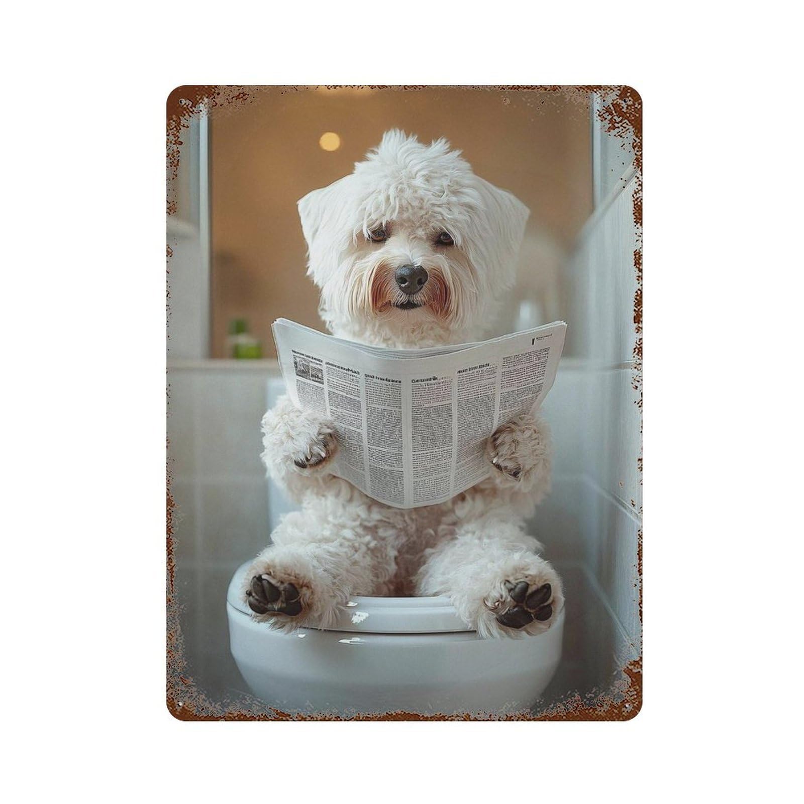 xiaoxiaoshen Dog Reading Newspaper on Toilet Wall Decor Art Metal Tin Poster Modern Home Decor Art Home Bar Shop Decorations Vintage Sign 40x30cm