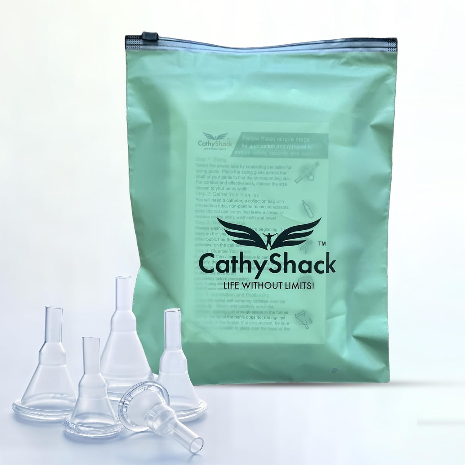 30 Pack 32mm External Condom Catheters for Men Day or Night-Breathable 100%Silicone, Latex Free, Transparent, Moisture Wicking Self Sealing Adhesive, with CathyShack Travel/Storage Bag & Instructions