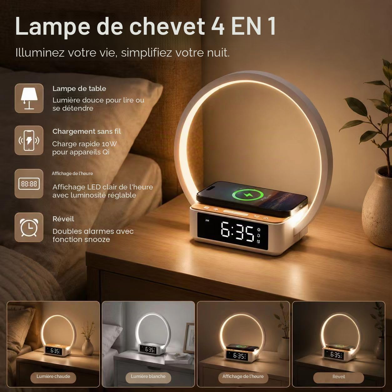 Lampe de Chevet Tactile Dimmable,10W Lampe de table avec Chargeur sans Fil de Réveil lumineux,Lampe de bureau avec Affichage de l'horloge 3 Niveaux de Luminosié Pour chambre à coucher, bureau
