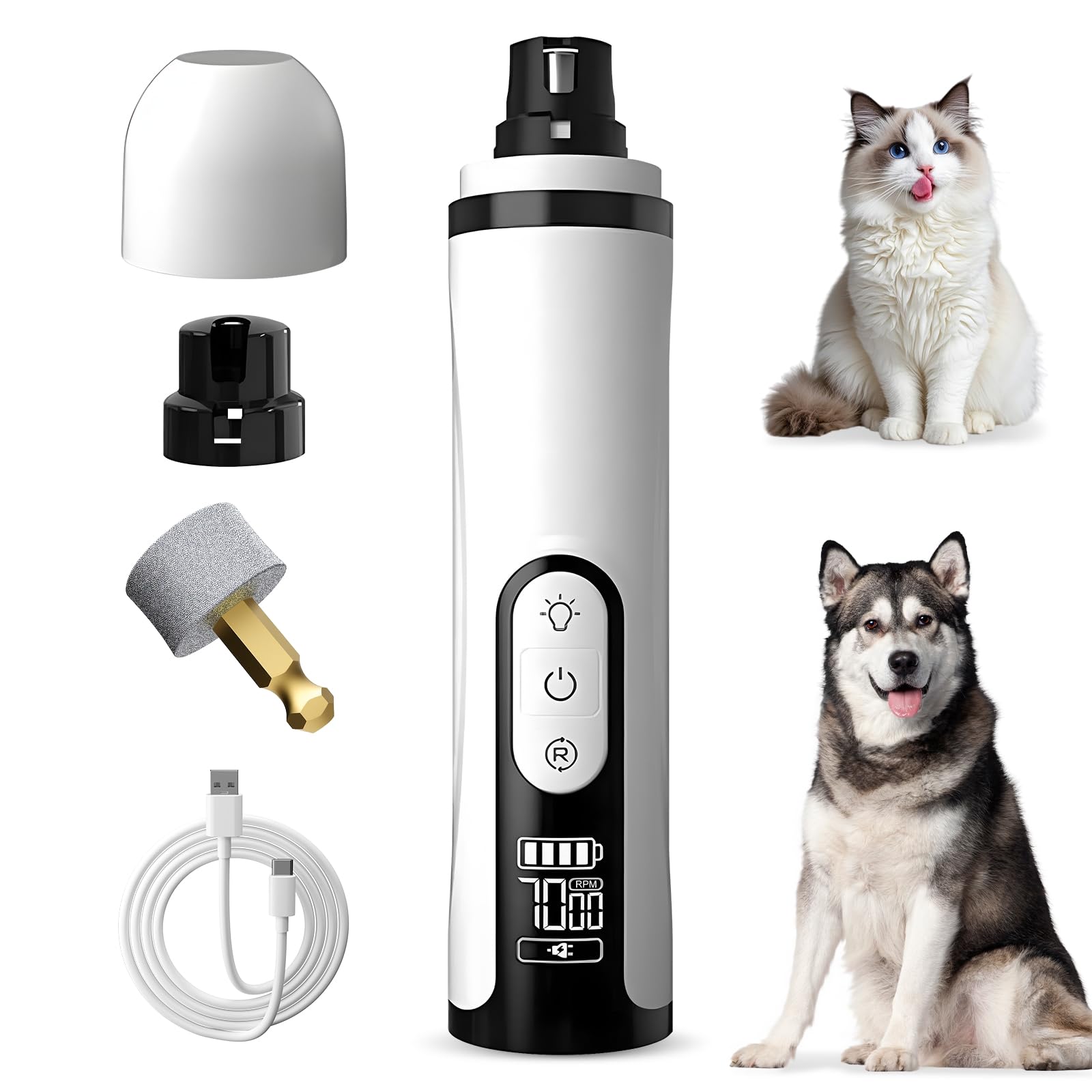 Upgrade Dog Cat Nail Grinder Cordless with LED Light & 3 Speeds, Dog Cat Nail Trimmer with 2000mAh Long-Lasting Battery for Thick Nails (1+1*Replacement Head)