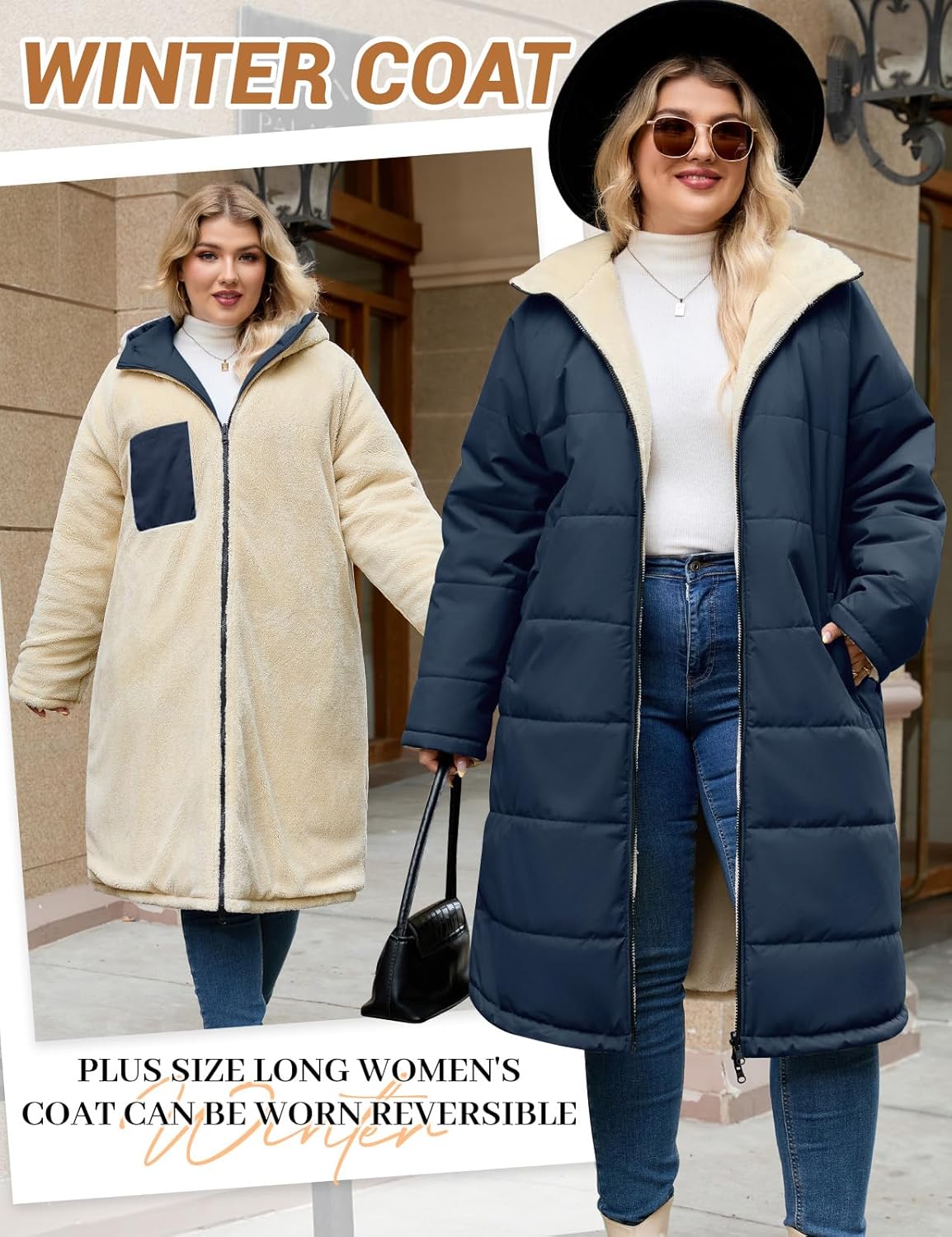 Yusongirl Women Plus Size Winter Coat Mid Length Hoody with Zip Up Fleece, Stylish Windproof Ribbed Cuffs, Warm Sherpa Lining - Image 3