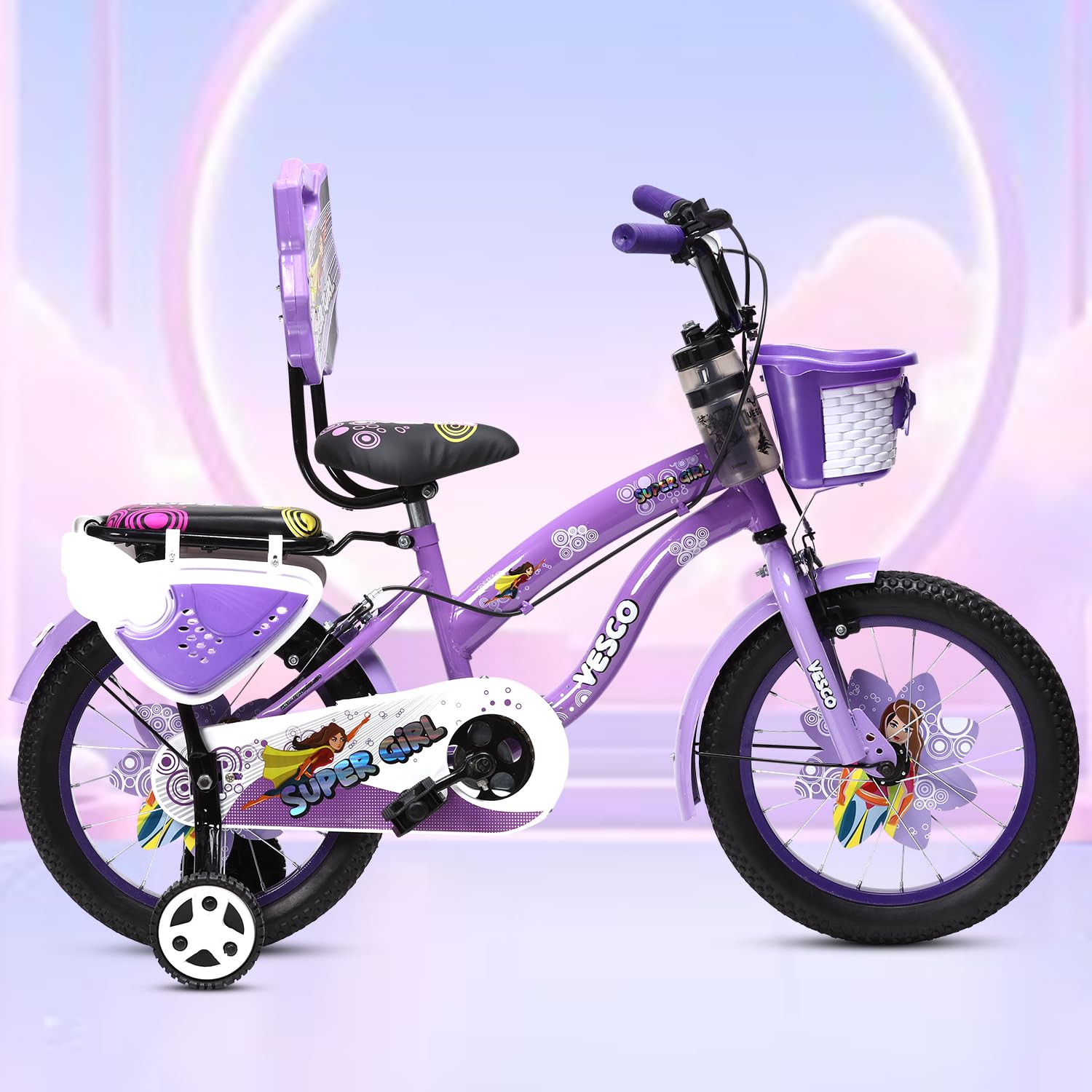 VESCO Super Girl 16T Cycle for Kids Girls with Balance Wheel & Back Carrier | Rigid Fork | Frame 11 Inch | Ideal for 4 to 6 Years Girls Kids Bike (Purple)