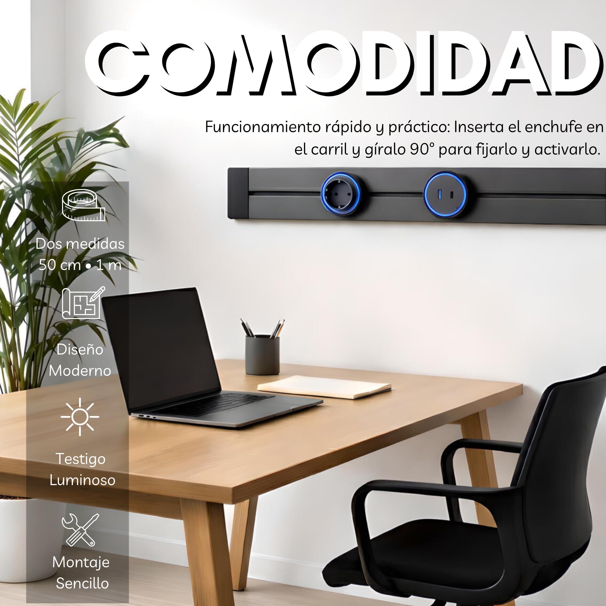Carril de Enchufes Deslizantes 50 cm, Regleta Modular en Aluminio, Compatible con hasta 7 Tomas, Ideal para Hogar y Oficina
