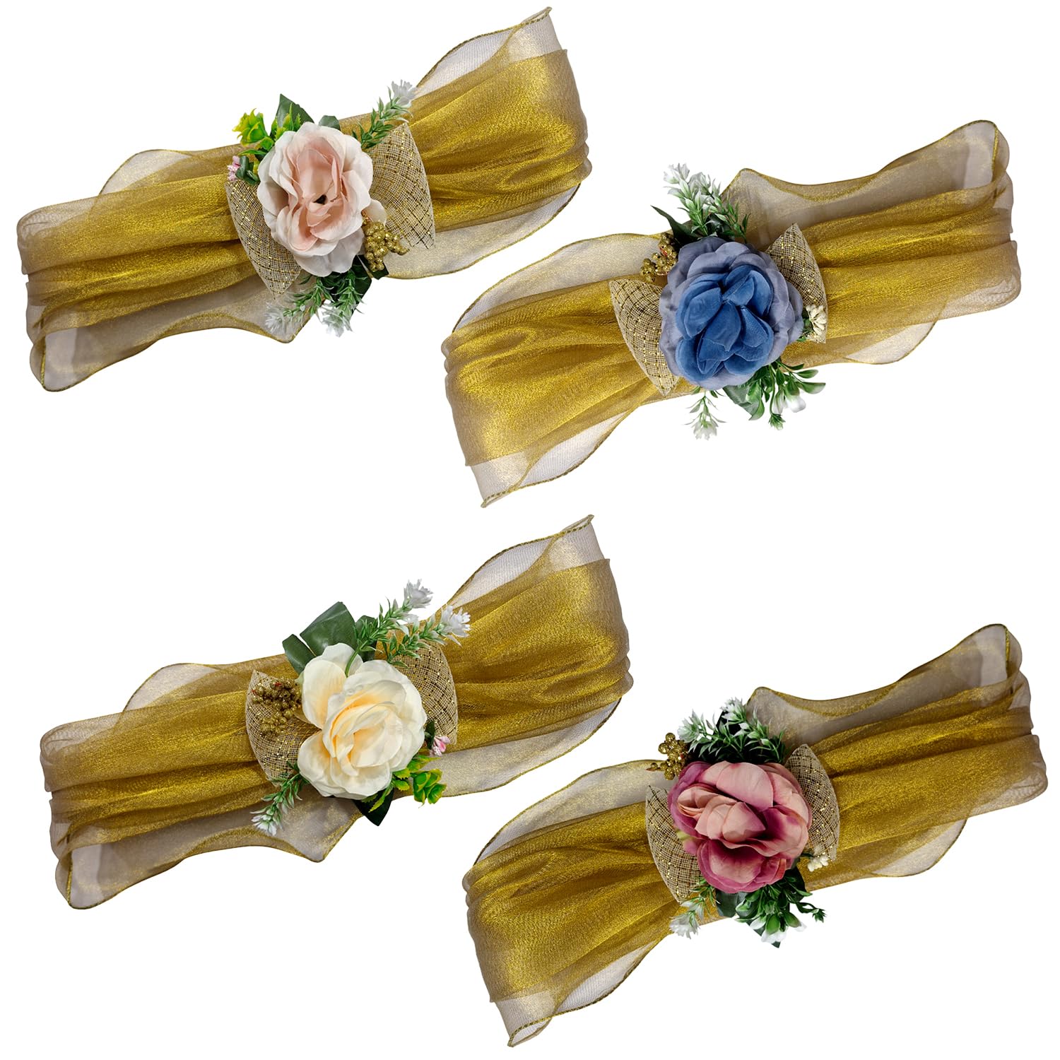 WRAPPING STUDIO One Meter Each Net Band Set of 4 with Artificial Floral Embellishments for Gift Packing, Decoration, Gifting, Trousseau Packing, Hampers (Golden)