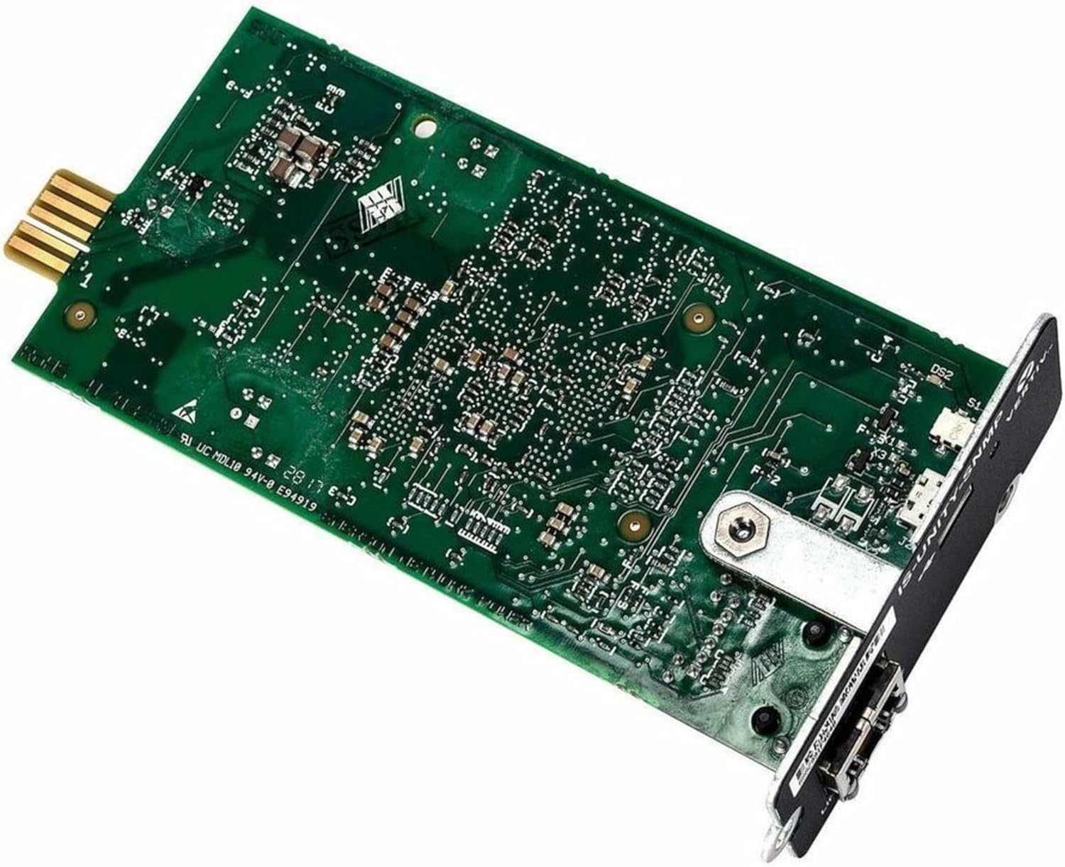 Úhlové view desky plošných spojů karty Vertiv Liebert IntelliSlot Unity, zobrazující zadní stranu a konektory.