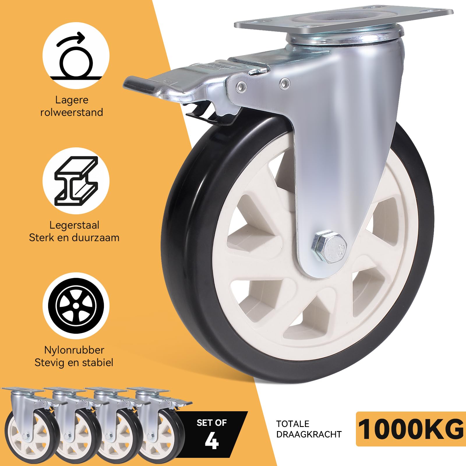 BAOLIHUI 4 delige set zwenkwielen met 100MM meubelrollen rem, zware