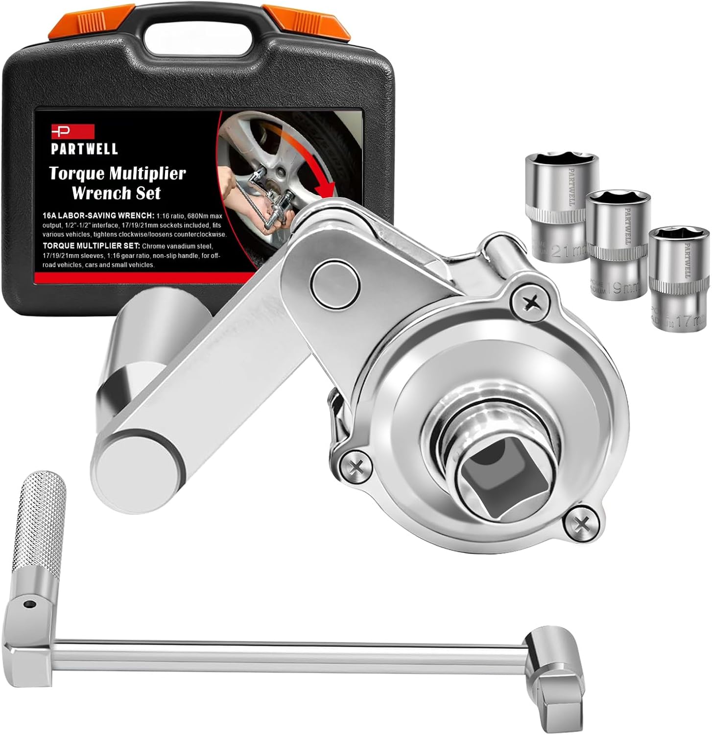 Torque Multiplier 1/2 Driver, Heavy Duty Torque Multiplier- 1:16 Torque Ratio for Lug Nut Removal, Lug Nut Labor Saving Wrench Remover Set includes 17mm, 19mm, 21mm Sockets