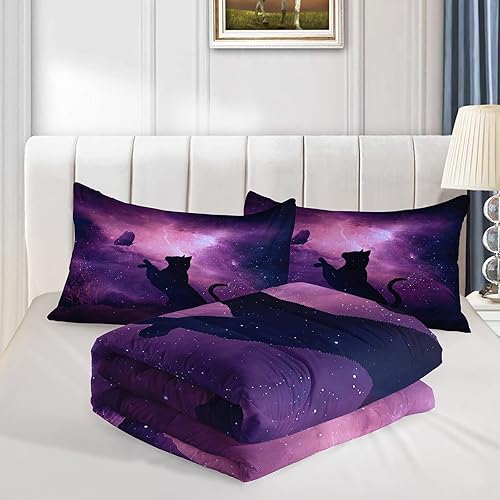 Miniatura 3 de Edredón de gato galaxia tamaño individual, juego de edredón Kawaii de gato y mariposa para niños, adolescentes y niñas, juego de ropa de cama de 3