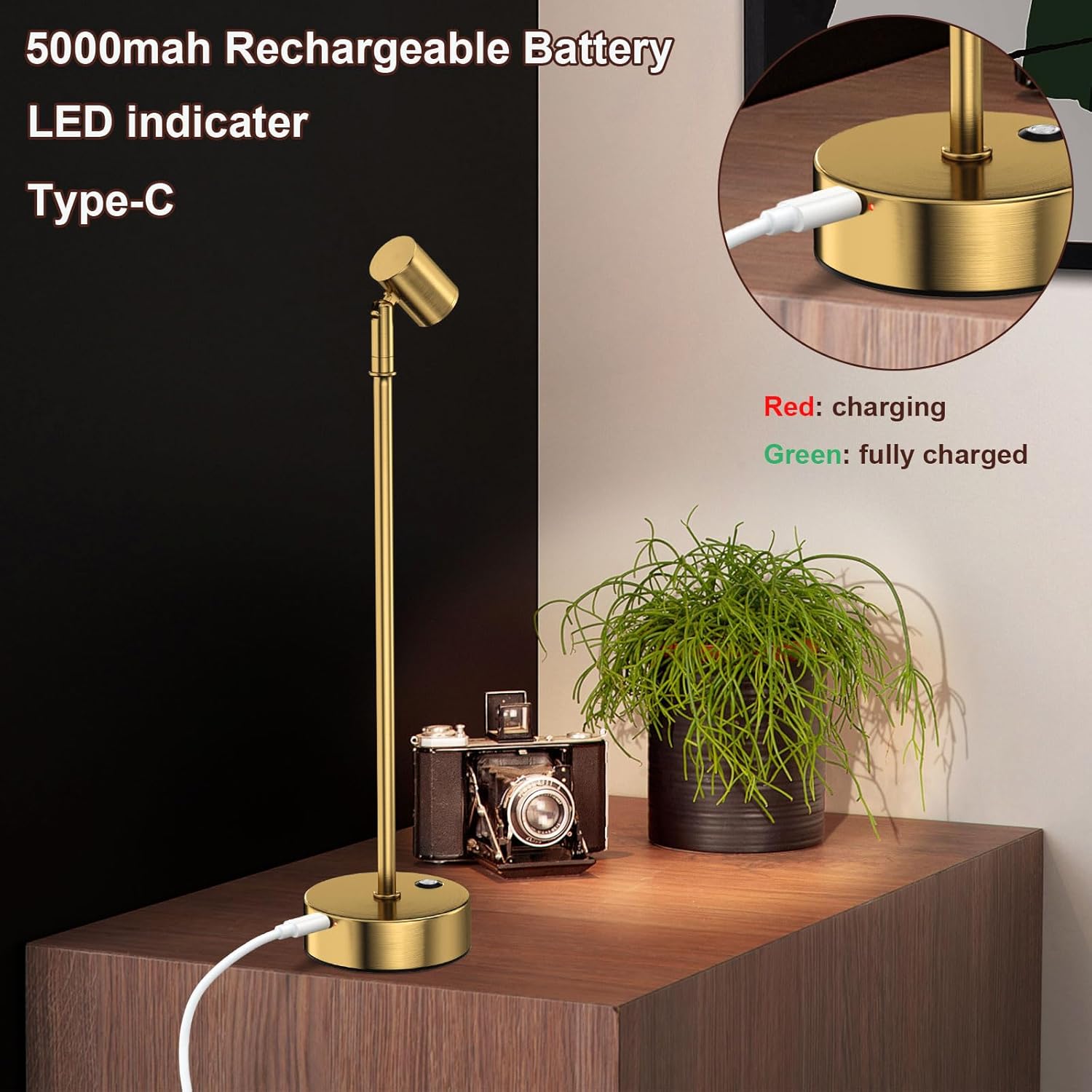 IMAGE Golden Cordless Spotlight High-Power Adjustable Table Accent Light for Plants, Artwork, Jewelry Displays, Shelves, and Cabinet, Warm White Wireless, USB Type-C, for Home, Restaurant, and Bar