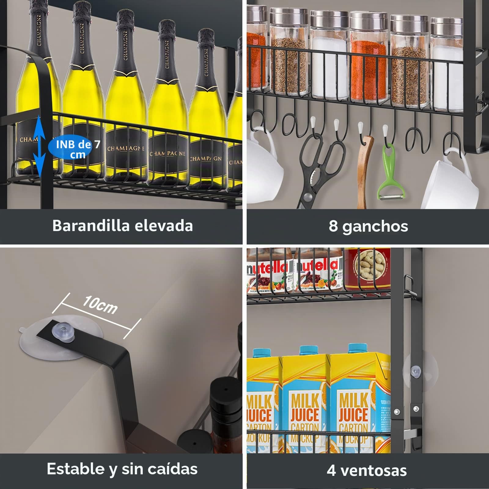 Estante de Frigorífico, 3 Niveles Especiero Colgando Estante de Almacenamiento, Estantería Nevera con 8 Ganchos, Estante Cocina Organizador para Especias sin Taladrar, Negro