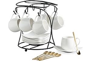 LYEOBOH Small Porcelain Demitasse Cups Set with Saucers, Metal Stand & Spoons