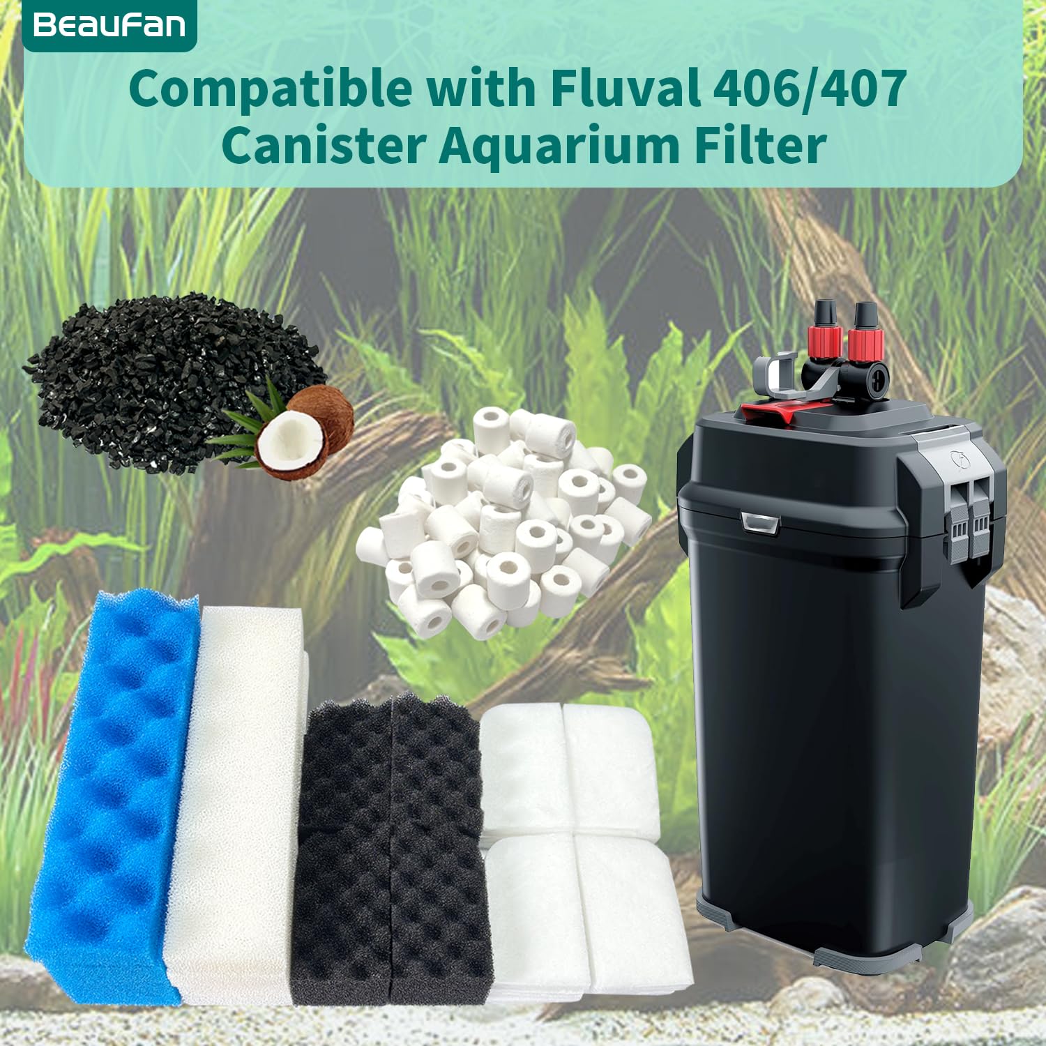 Aquarium-Filter-Media-Set, kompatibel mit Fluval 406/407 Kanisterfiltern, inklusive Ersatz-Bioschaum, Aktivkohle und Keramikringen (2 Sets Wartungspaket)