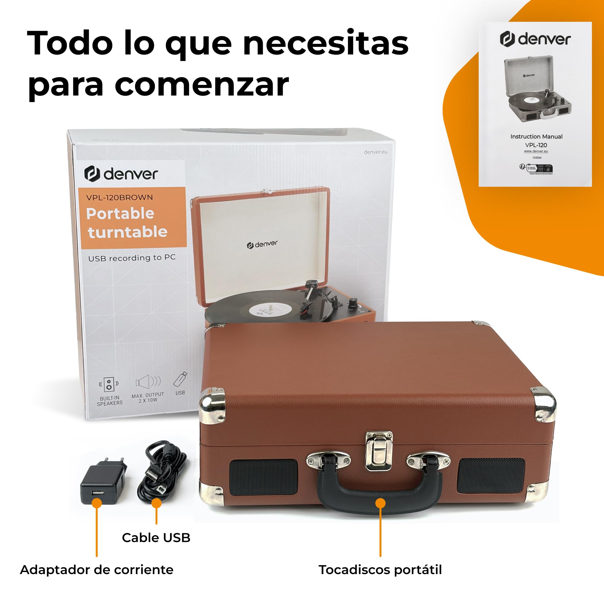 Denver VPL-120 Tocadiscos maletín Retro marrón, 3 velocidades 33/45/78 RPM, Altavoces Integrados, grabación USB a PC, Salida Phono | Función de digitalización MP3 USB, altavoz