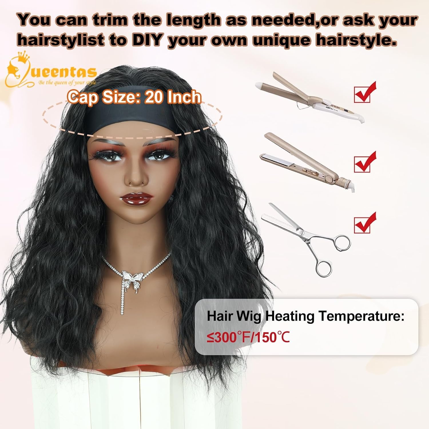 QUEENTAS 20 Inch Loose Body Wave Headband Wig, 1B Natural Black for Black Women, Glueless Wear and Go Synthetic Heat Resistant Hair, Daily Use & Dating