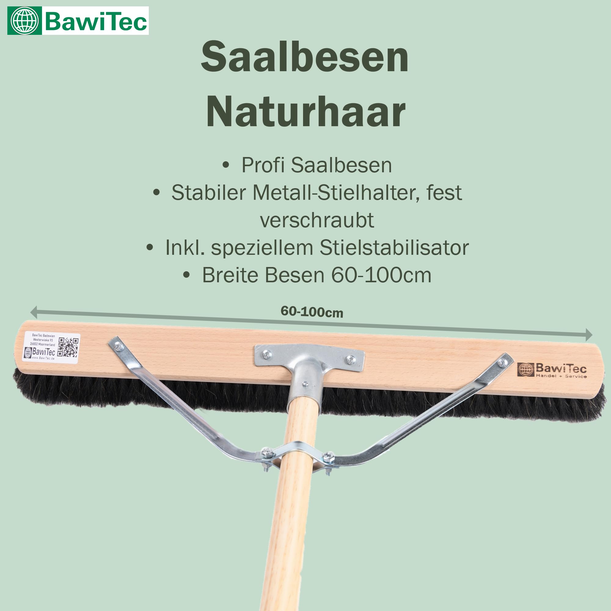 Rosshaar Saalbesen Besen 100cm mit Stiel 160cm und Stabi weiche Borsten | Spezieller Stielstabilisator/Zusatzhalterung, Besenstiel Ø28mm, Sehr weiche Naturhaar-Rosshaar-Borsten