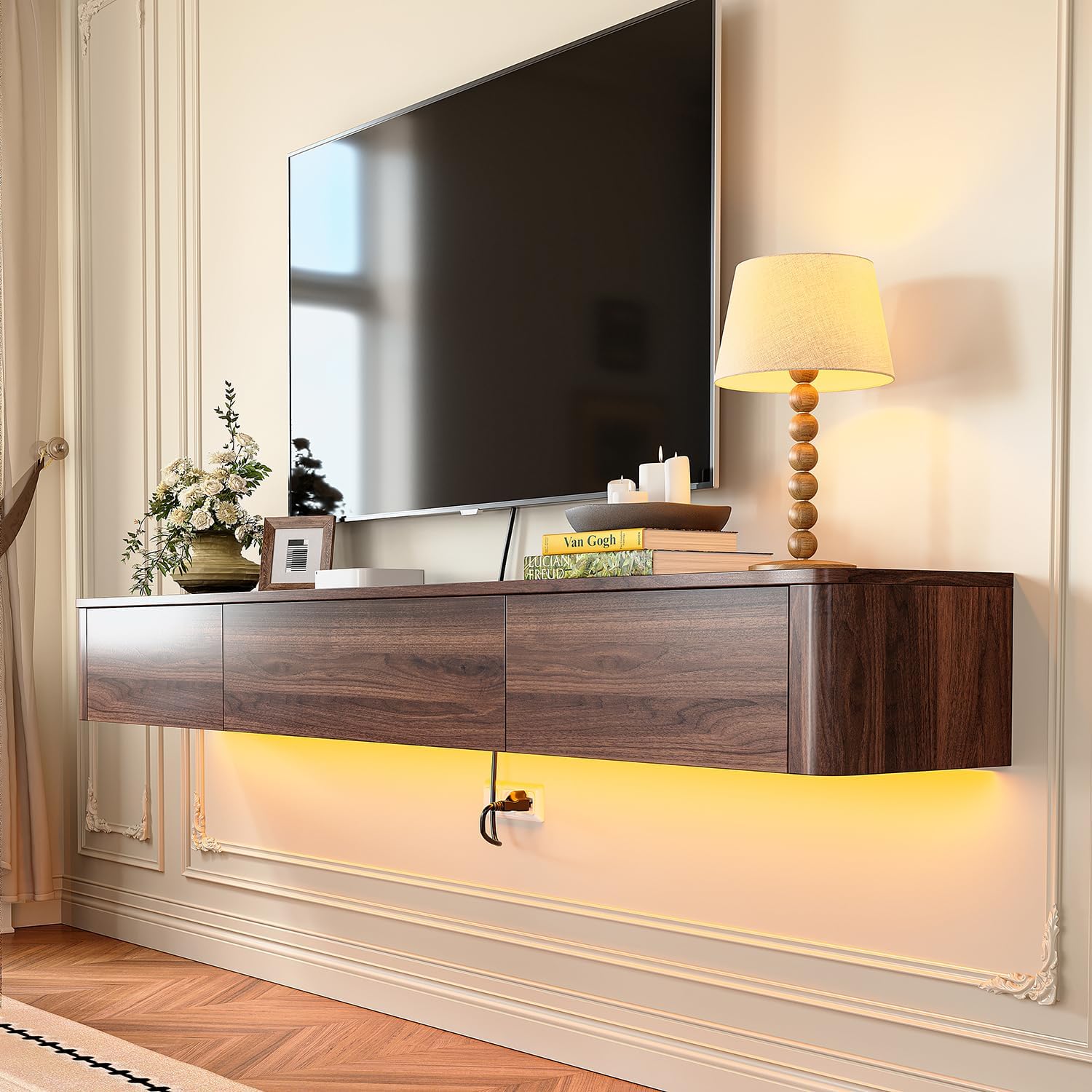 FurniNova High Gloss Floating TV Stand with Drawers,55 inch Wall Mounted TV Cabinet,Floating TV Console,Floating Entertainment Center Media Console with Storage for Bedroom Living Room(Walnut) - Image 2