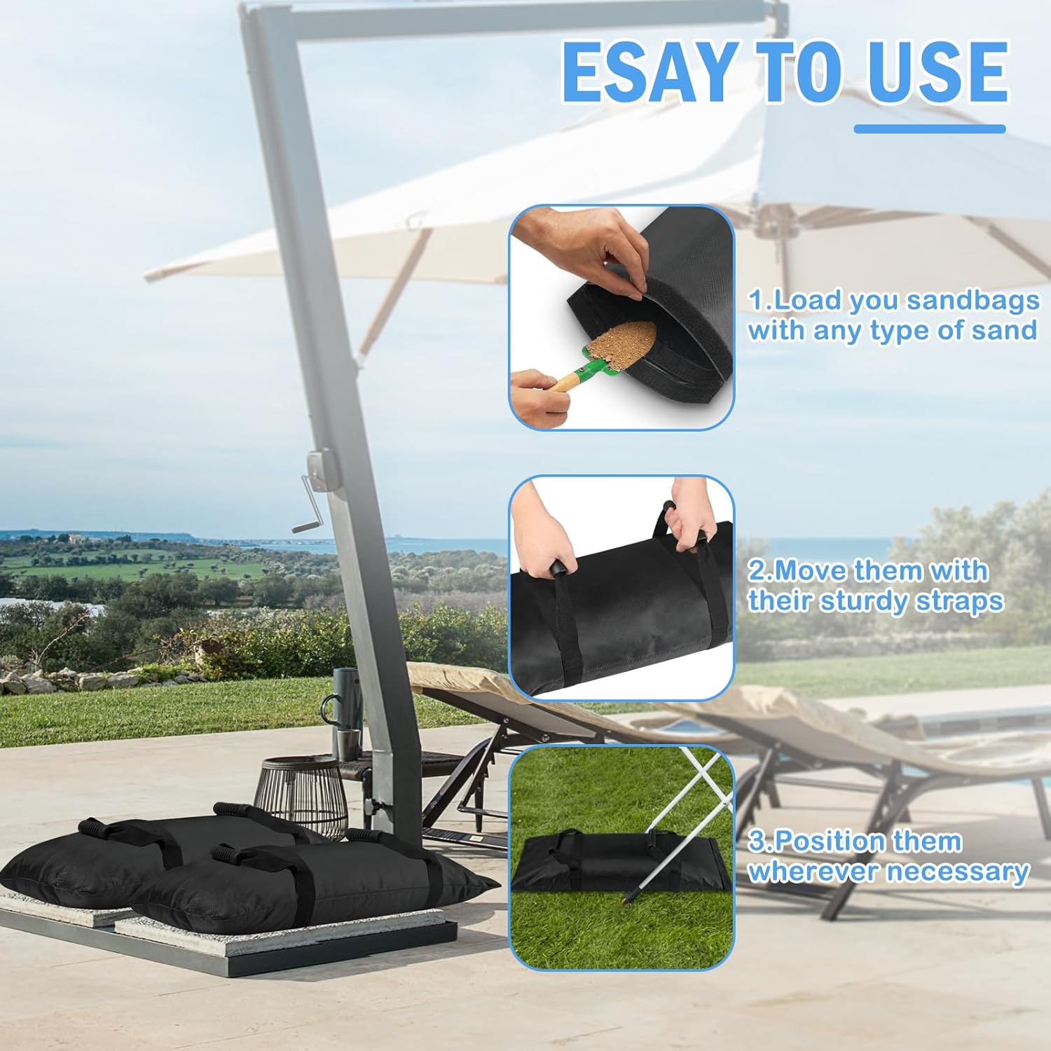 Umbrella Base Weight Sandbags, 2 x 66 LBS Fillable Straight Sand Bags for Cantilever Patio Umbrella, Trampoline, Outdoor Garden Backyard Furniture(Without Sand)