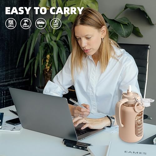 Miniatura 7 de Botella de agua motivacional grande de 64 onzas con marcador de tiempo, botellas de agua deportivas con funda de silicona y tapa con asa, jarra de