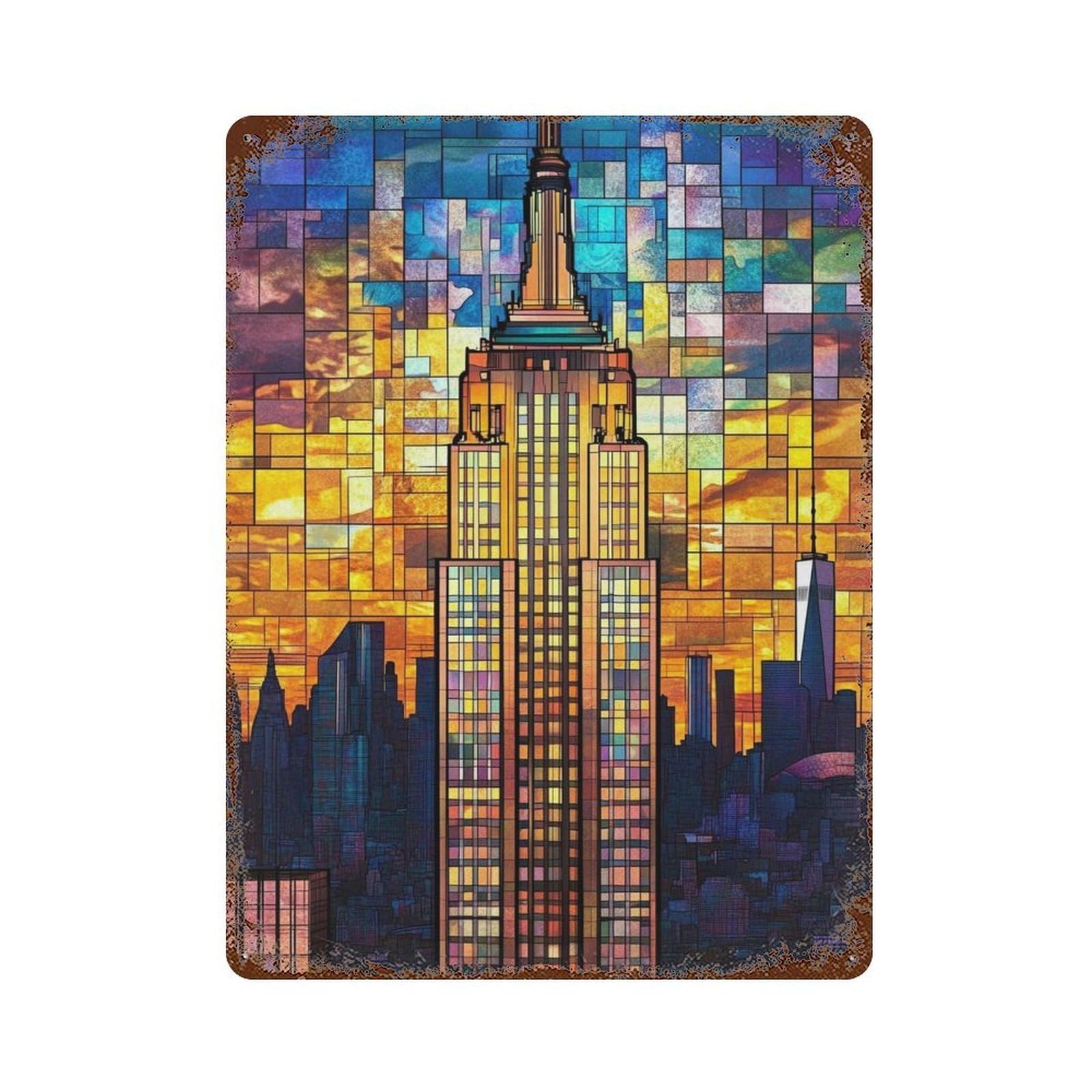 Weathered Tin Sign with Empire State Building Stained Glass-1 Design 15.7"x11.8", for Garage, Bar And Workshop Decor, Decorative Metal Wall Art