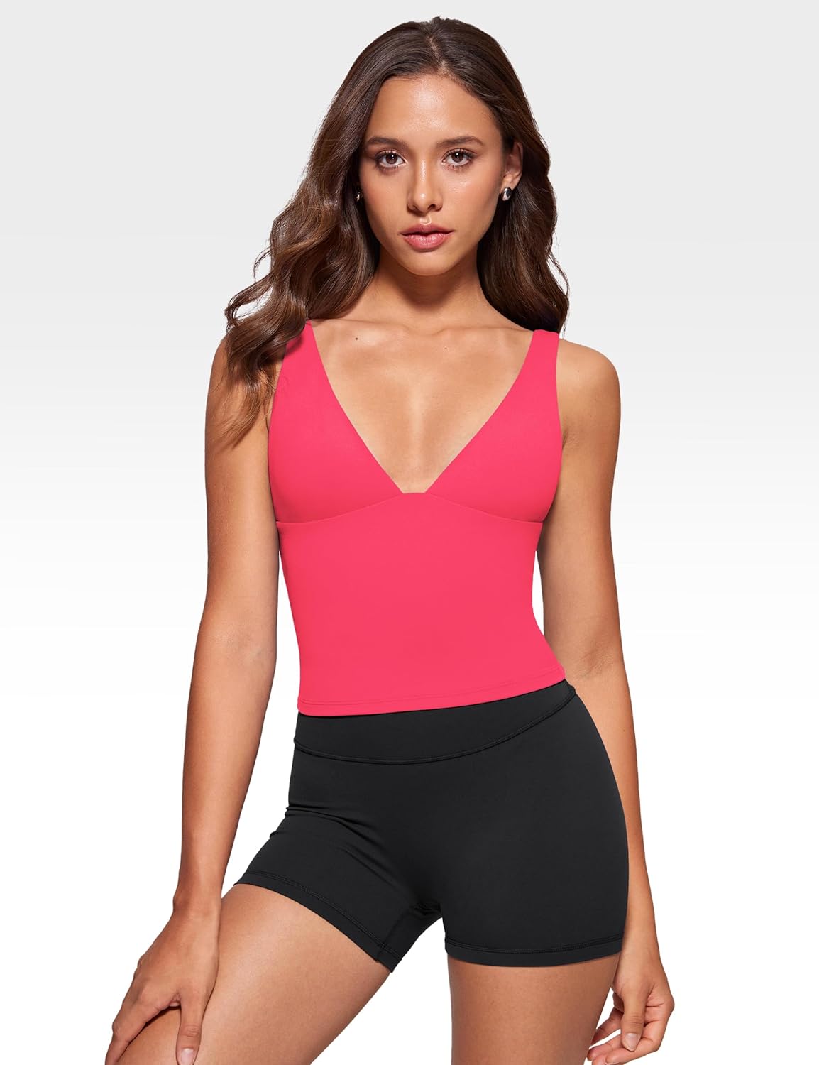 INGIA Womens Deep V Neck Plunge Longline Tank Tops Built in Bra Sleeveless Gym Athletic Yoga Cropped Top