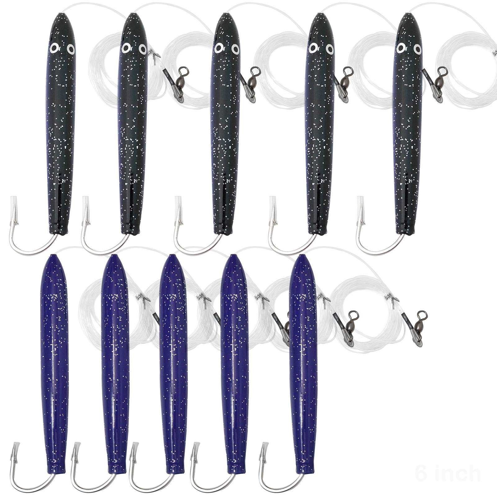 10pcs Fish WOW! 6" Fishing Cedar Plugs Rigged Tuna Mahi Trolling Wood Lure - Purple Black