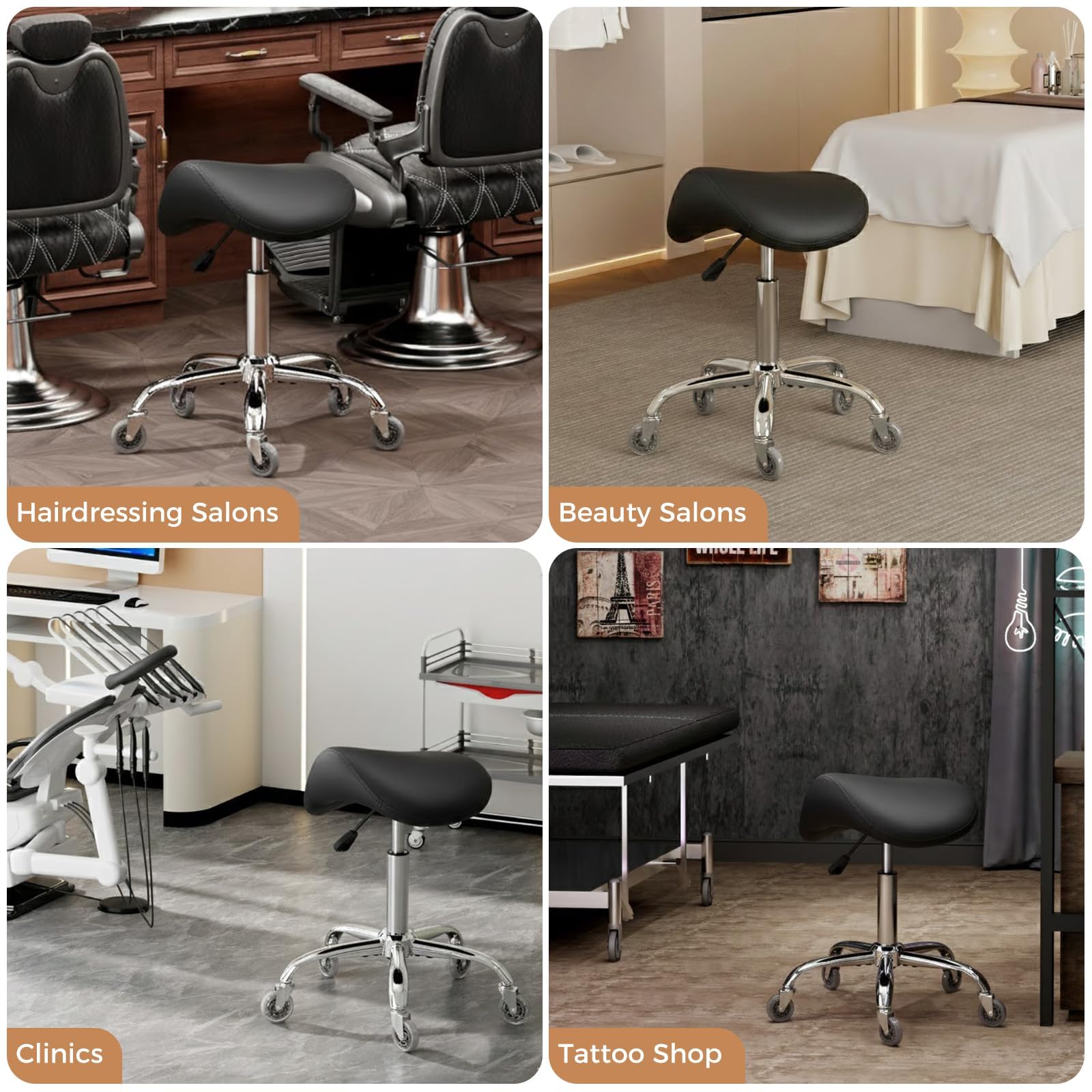 BEWISHOME Ergonomic Saddle Stool with Wheels, Swivel Height-Adjustable Black