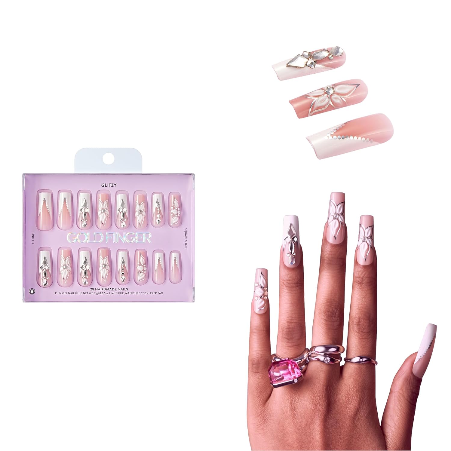 Glitzy 3D Handmade Press On Nail Kit, Rhinestone Gem White Flower French Tip X-Long Square False Nail, Reusable & Lasts Up To 2 Weeks, Seamless Snug Fit Technology, Includes Glue & 28Pcs Manicure Set
