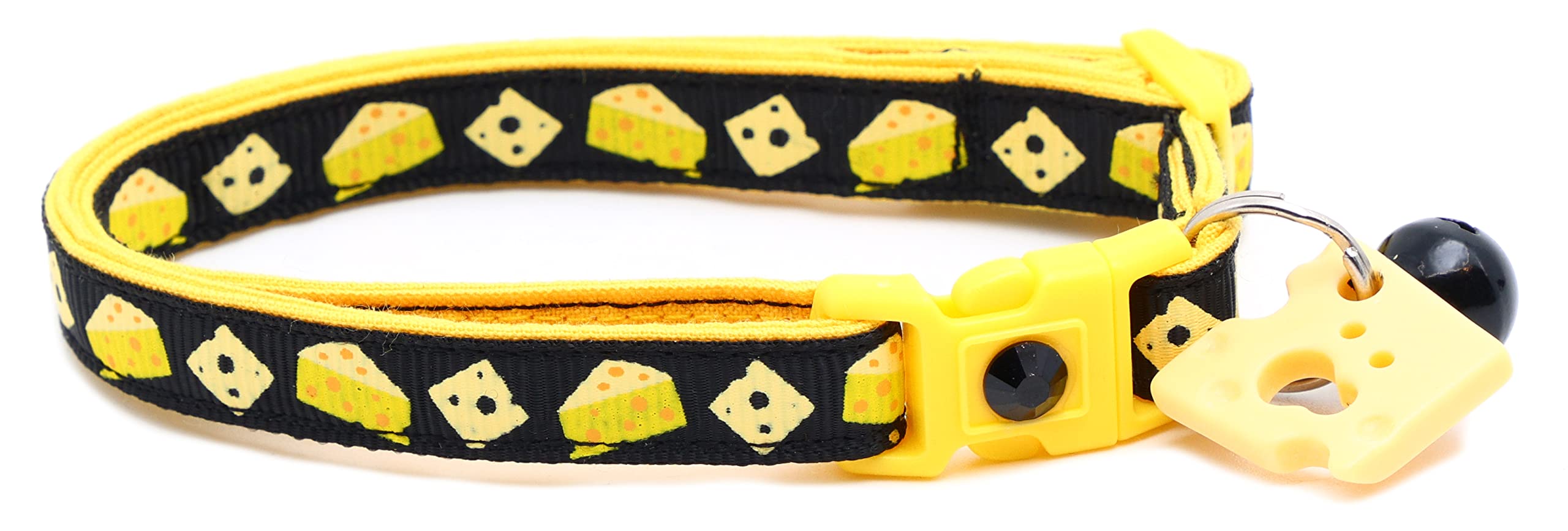 Cheese Cat Collar with Charm & Bell | Safety Breakaway Collar | Adjustable Large Size or Kitten Collar (Large(10lbs & Up), Black)