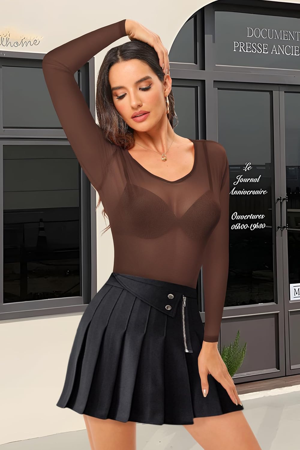 Womens Mesh Bodysuit Long Sleeve Top Crew Neck Sheer T Shirt Body Suit Leotard Blouse - Image 5