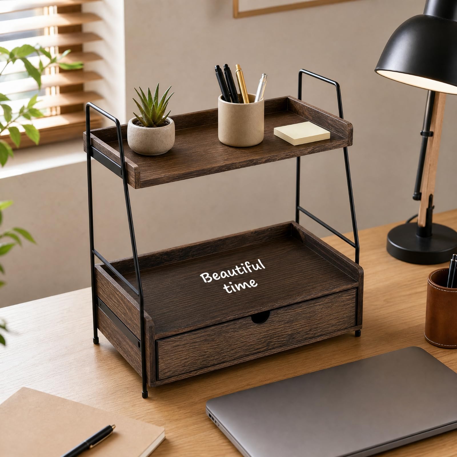 Organizer da Scrivania con Cassetto Inferiore Moderno oggetti da Tavolo in Legno e Met Compatto Struttura di Archiviazione per Bagno