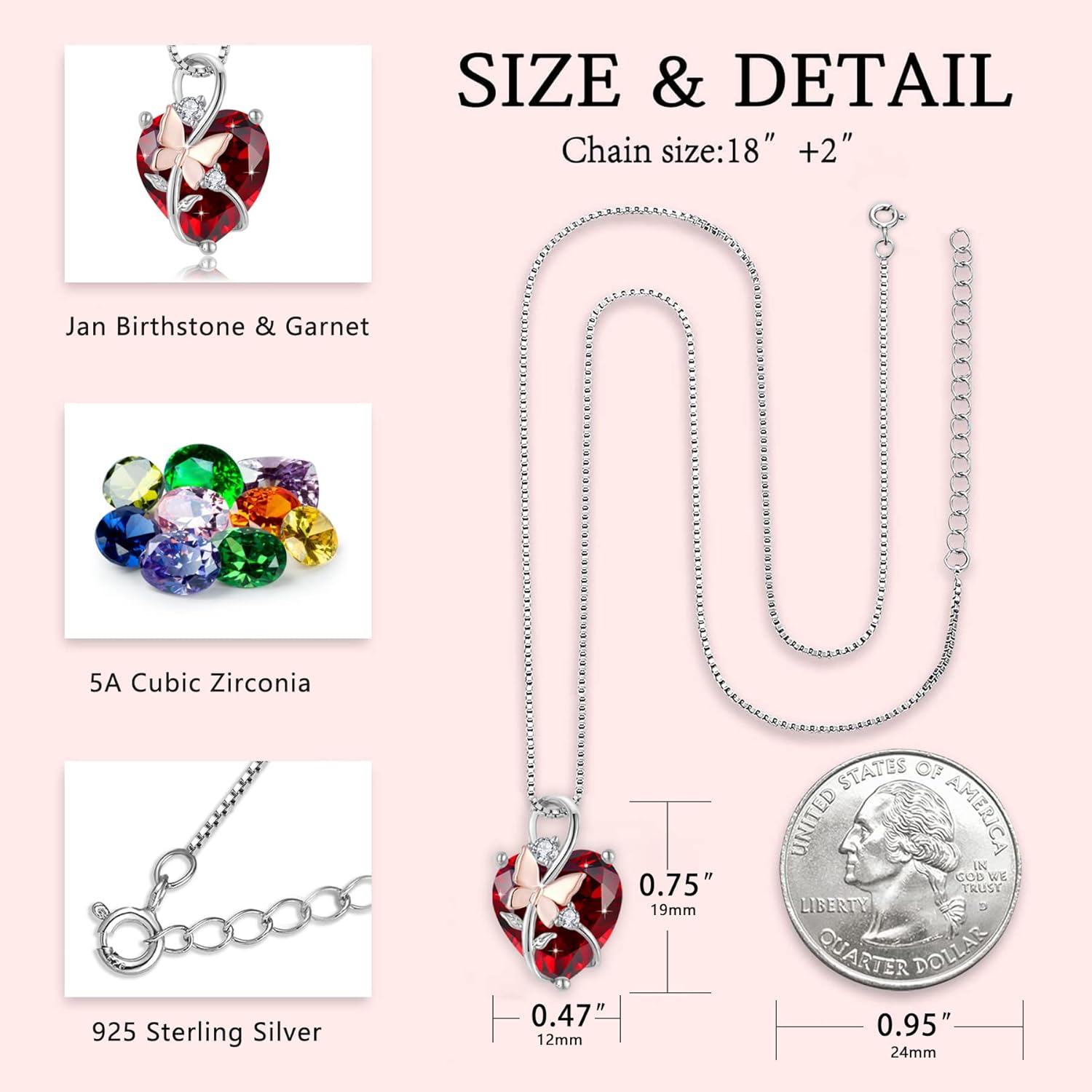 Butterfly Heart Necklaces for Women, 925 Sterling Silver 5A Cubic Zirconia Birthstone Pendant Jewelry Gifts, Anniversary Birthday Christmas Gifts for her - Image 5