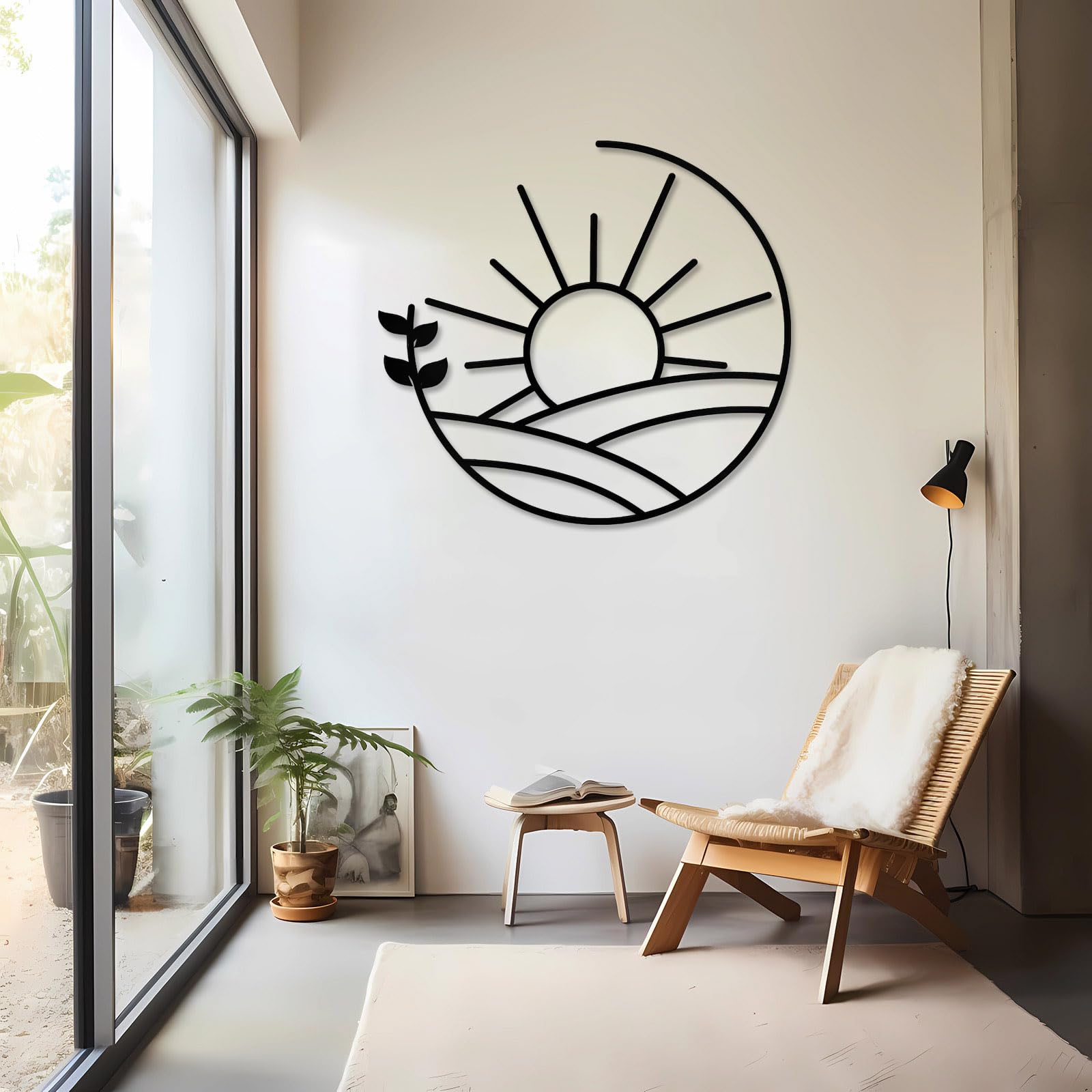 Decoración de pared abstracta contemporánea de metal, arte solar, letrero de paisaje de amanecer, decoración, obra de arte de naturaleza para exteriores, regalo de inauguración de casa para el ja