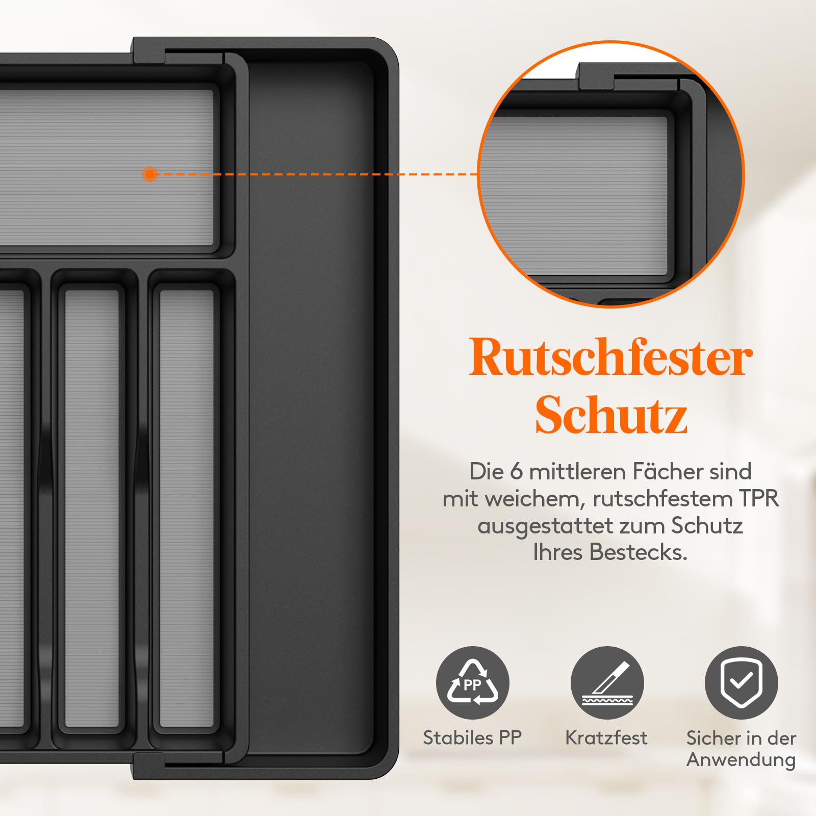 Lifewit Besteckkasten für Schubladen mit Rutschfestes TPR, verstellbarer Kunststoff Organizer Küche Tiefe 42,4 cm, erweiterbar bis 57 cm, Besteckeinsatz für Löffel/Messer, Schwarz & Grau