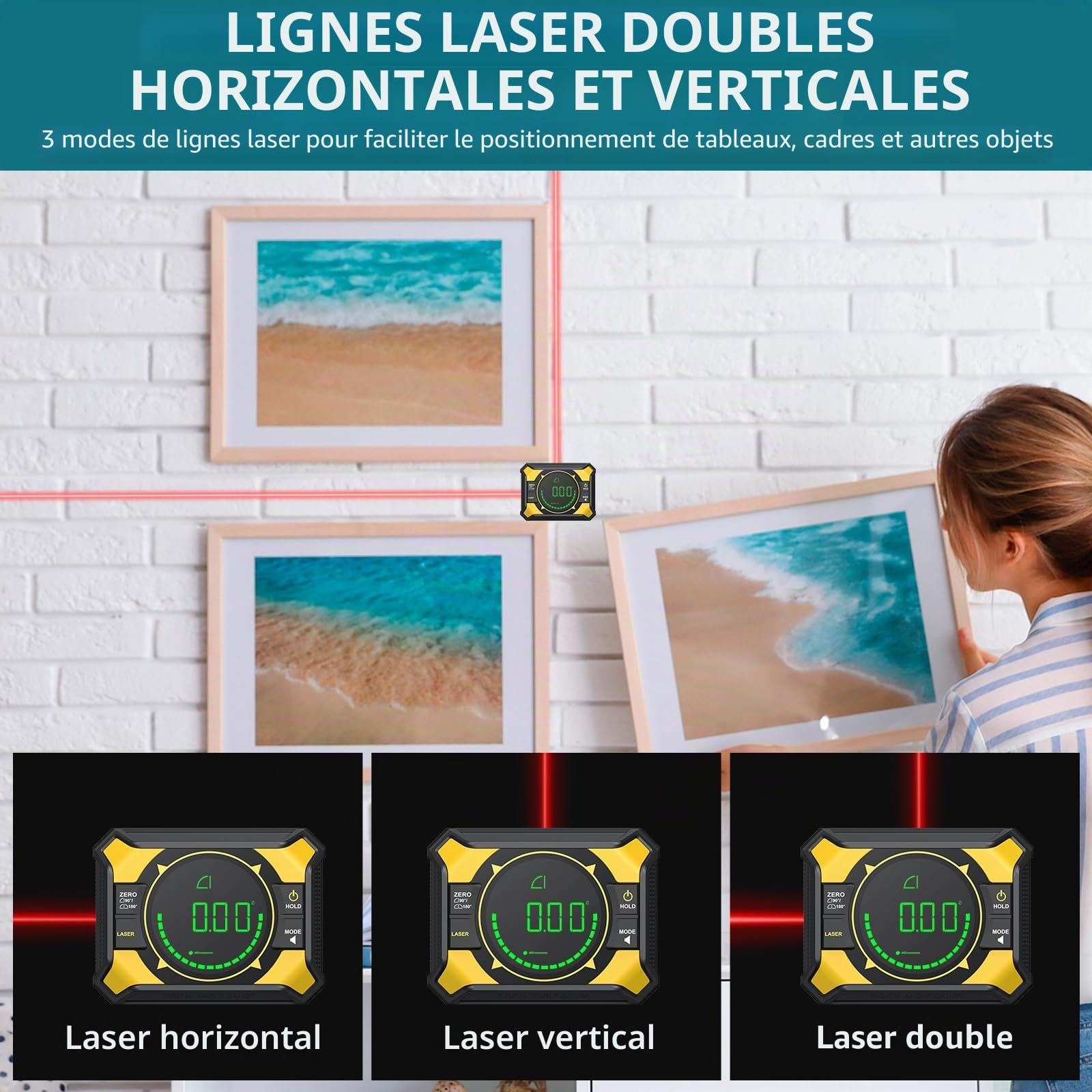 Inclinomètre Numérique 3-en-1 avec Laser Croix, Niveau Rechargeable Type-C, Angle 4x90° & 2x180°, Magnétique Haute Précision 0.05°, Outil pour Menuiserie, Scie, Bricolage, Tableaux