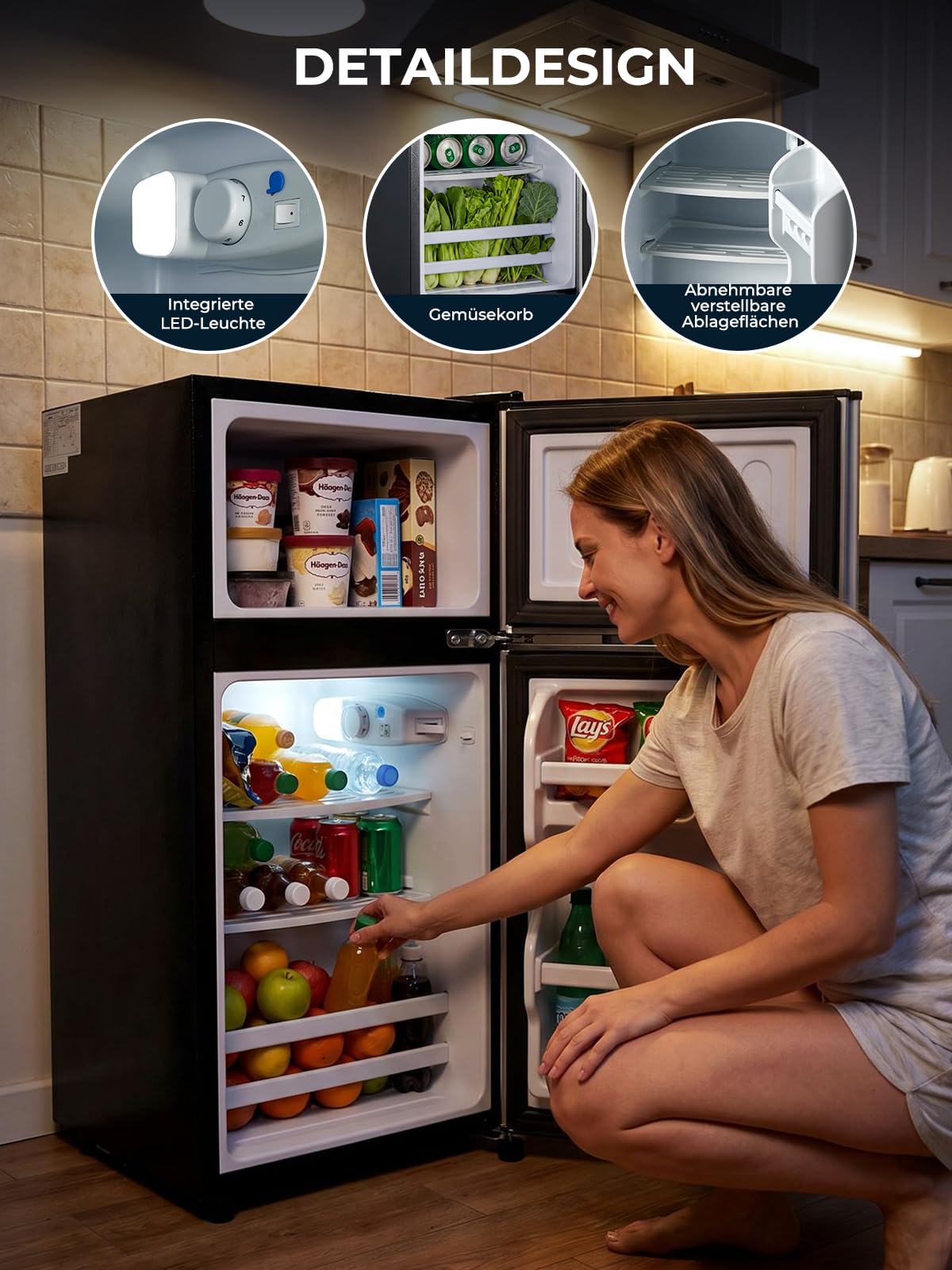 FOHERE Mini Frigorifero con Congelatore 76L, Frigo Piccolo Doppia Porta Silenzioso (50L+26L) per Camera da Letto e Monolocale, Mini Bar per Bevande e Gelati a Risparmio Energetico, 43dB