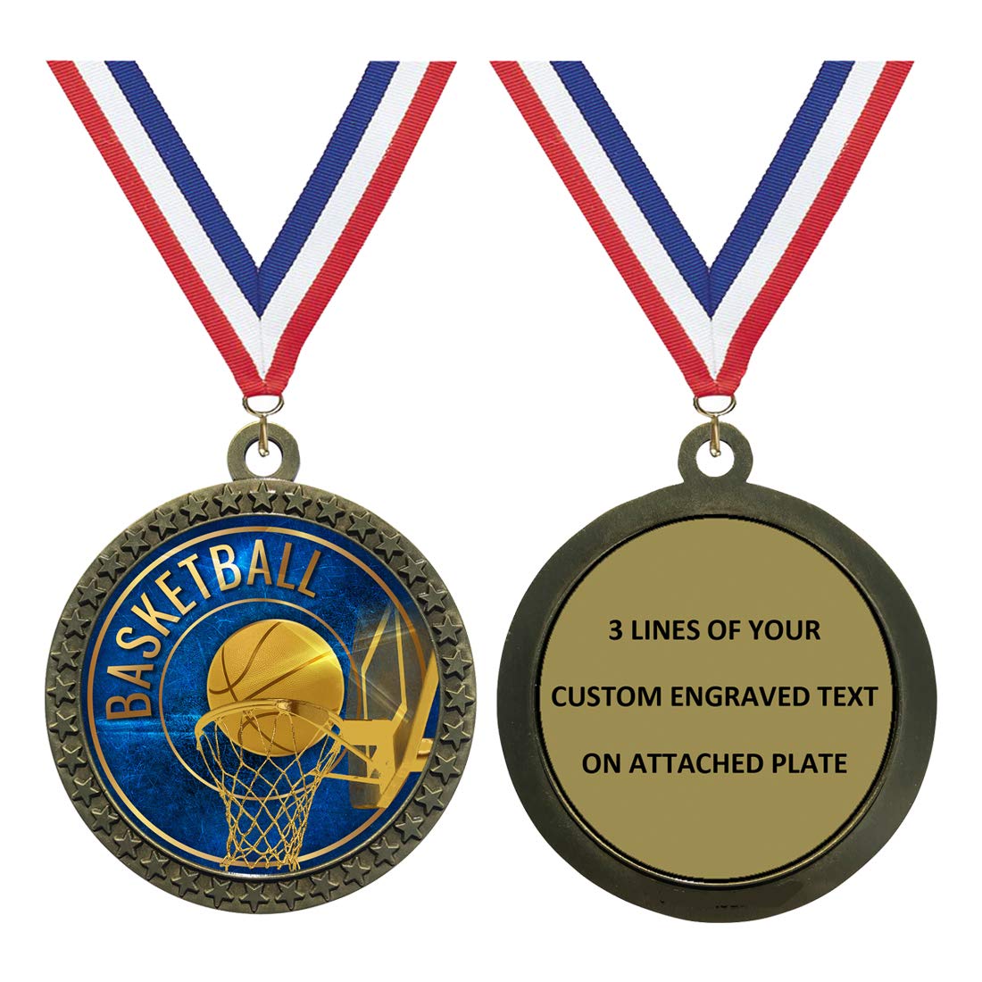Custom Engraved Large 3 inch Die-Cast Metal Award Medallion with Antique Gold Finish and Attached 2 Inch Full Color Laminated Sport Insert.