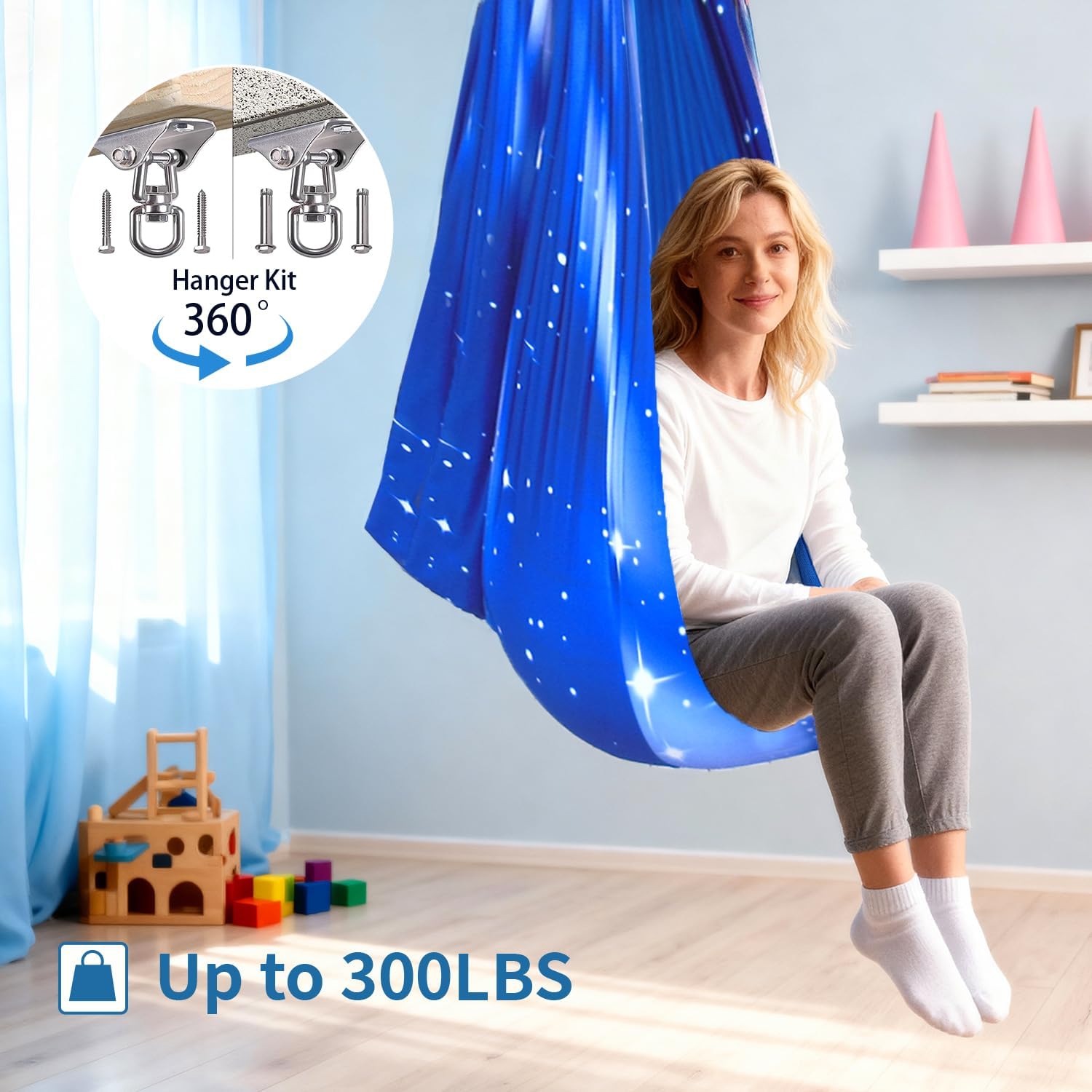 Sensory Swing for Kids & Adults with 360° Swivel Hanger Kit, Double Layer Elastic Therapy Swing Holds up to 300lbs for Autism, ADHD,Aspergers, and SPD (Blue Sky Star)