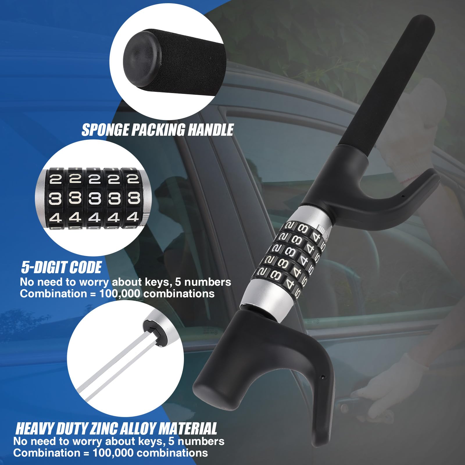 Lenkradkralle für Auto 5 Stelliges Zahlenschloss Heavy Duty Lenkradschloss für Auto Anti Diebstahl Vorrichtung SchlüSselloses Lenkradschloss Universal Lenkradkralle für Pkws Lkws Wagen Vans SUV