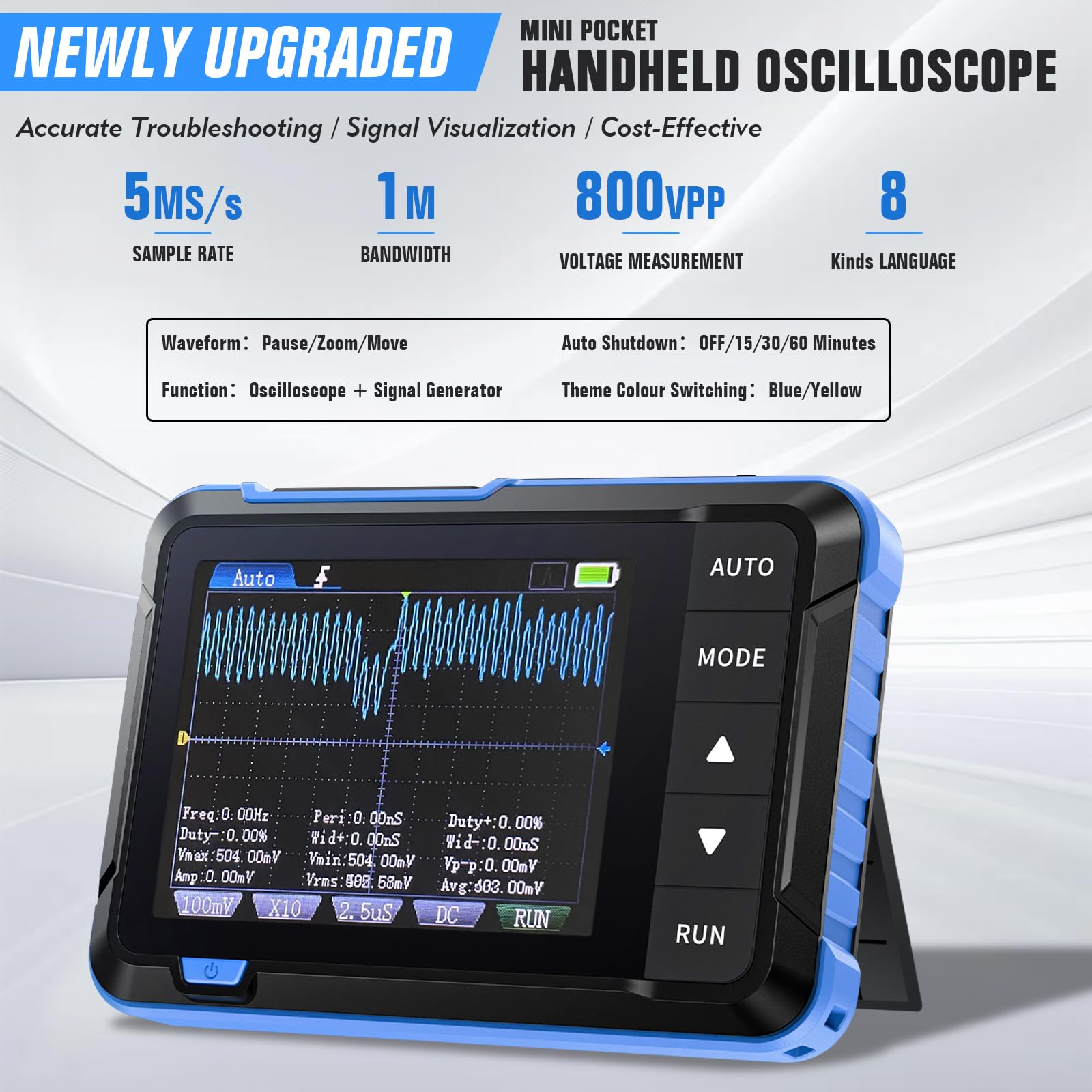 AIOMEST Mini Oscilloscopio Digitale Larghezza di Banda 1MHz 5MS/s Oscilloscopio Portatile 2,8” Display USB Generatore di Segnali DDS con Cavo dati Type-C e Sonda Oscilloscopio Multimetro DSO153B