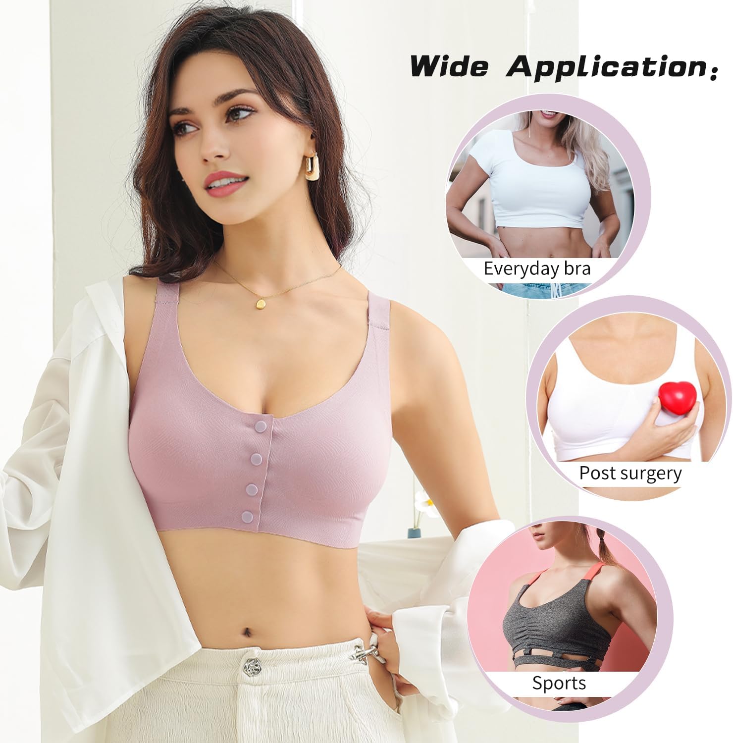 Lervanla Post Surgery Mastectomy Bra with Pockets,Front Closure Bra for Breast Forms, Seamless Supportive Bralette for Women - Image 5