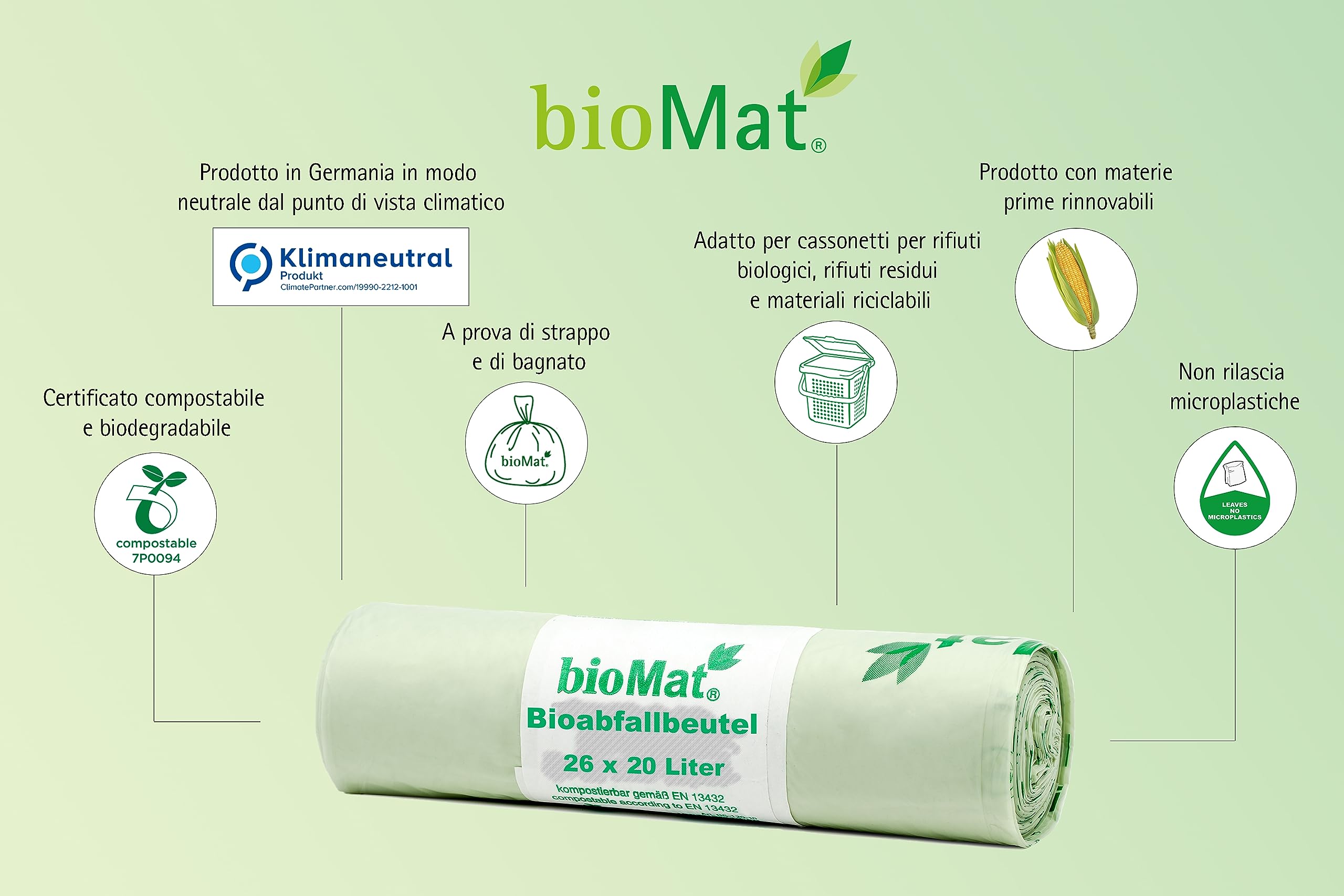 bioMat Sacchetti Compostabili 20l con Manici per Umido, 52 Sacchi, Qualità Premium, Certificati DINplus, Neutrali dal Punto di Vista Climatico, Made in Germany