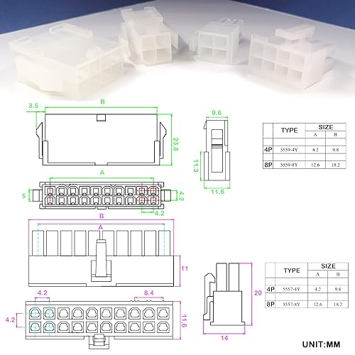 Miniatura 2 de Gikfun Terminal de carcasa de conectores de cable de 0.165 in, 18-24 AWG, 2 x 2 x 4 pines, carcasa de enchufe macho y hembra y 200 piezas de