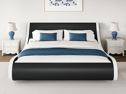Miniatura 3 de WEEWAY Base de cama moderna de plataforma tapizada tamaño Queen, cama de trineo de piel sintética con cabecera ajustable, soporte de listones de